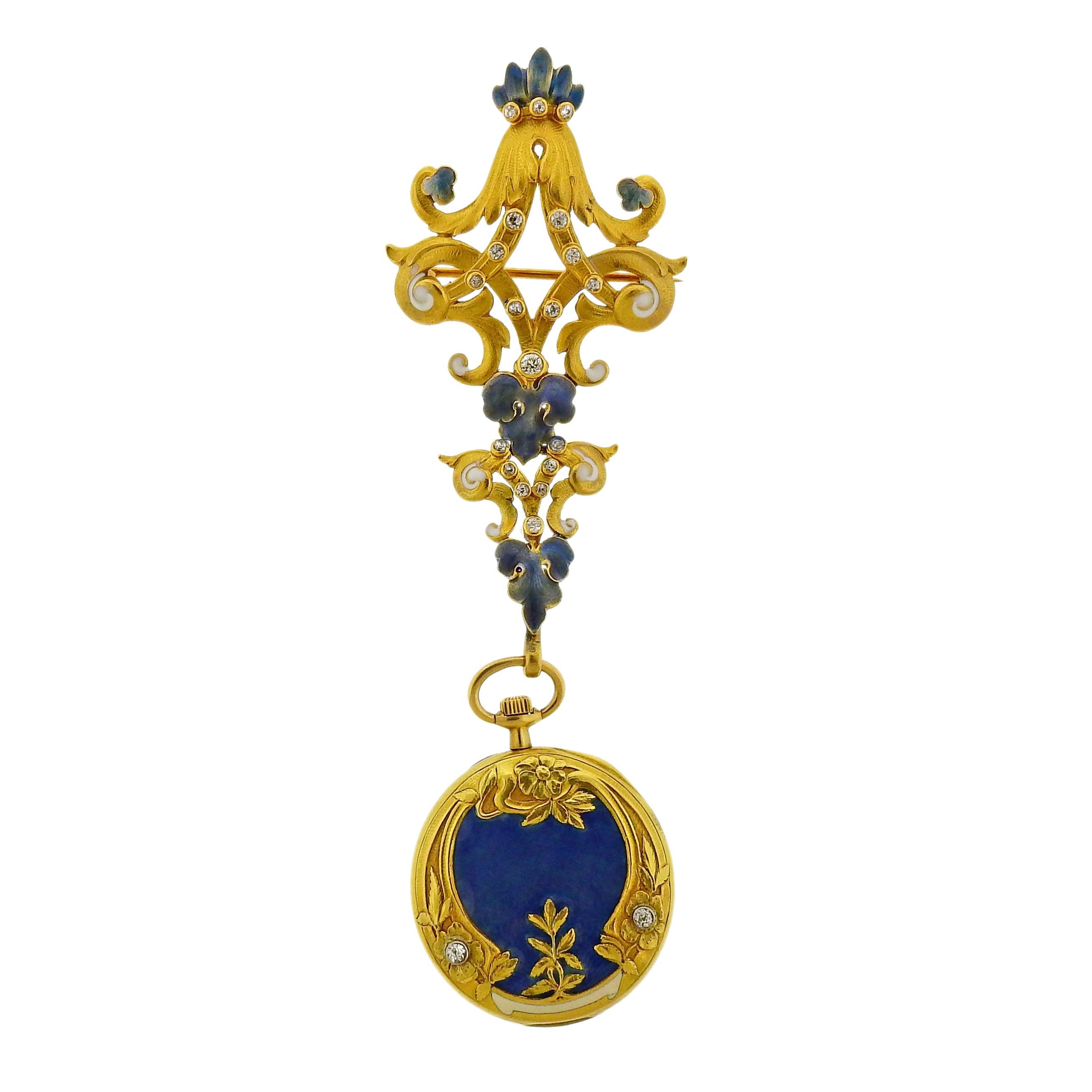 Tiffany 
Co. Antique Guilloche Enamel Diamond Gold Lapel Watch