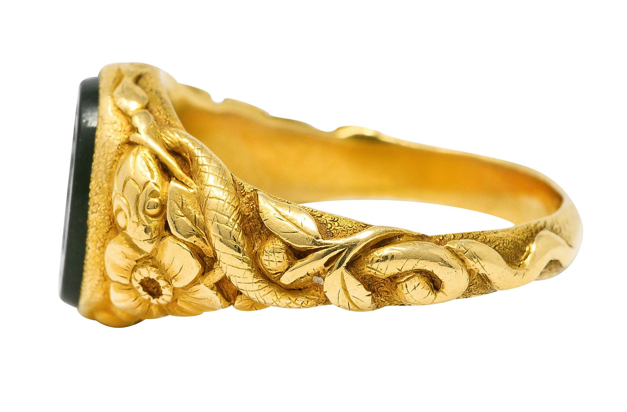 Victorian Tiffany & Co. Antique Nephrite Jade 18 Karat Gold Floral Snake Signet Ring