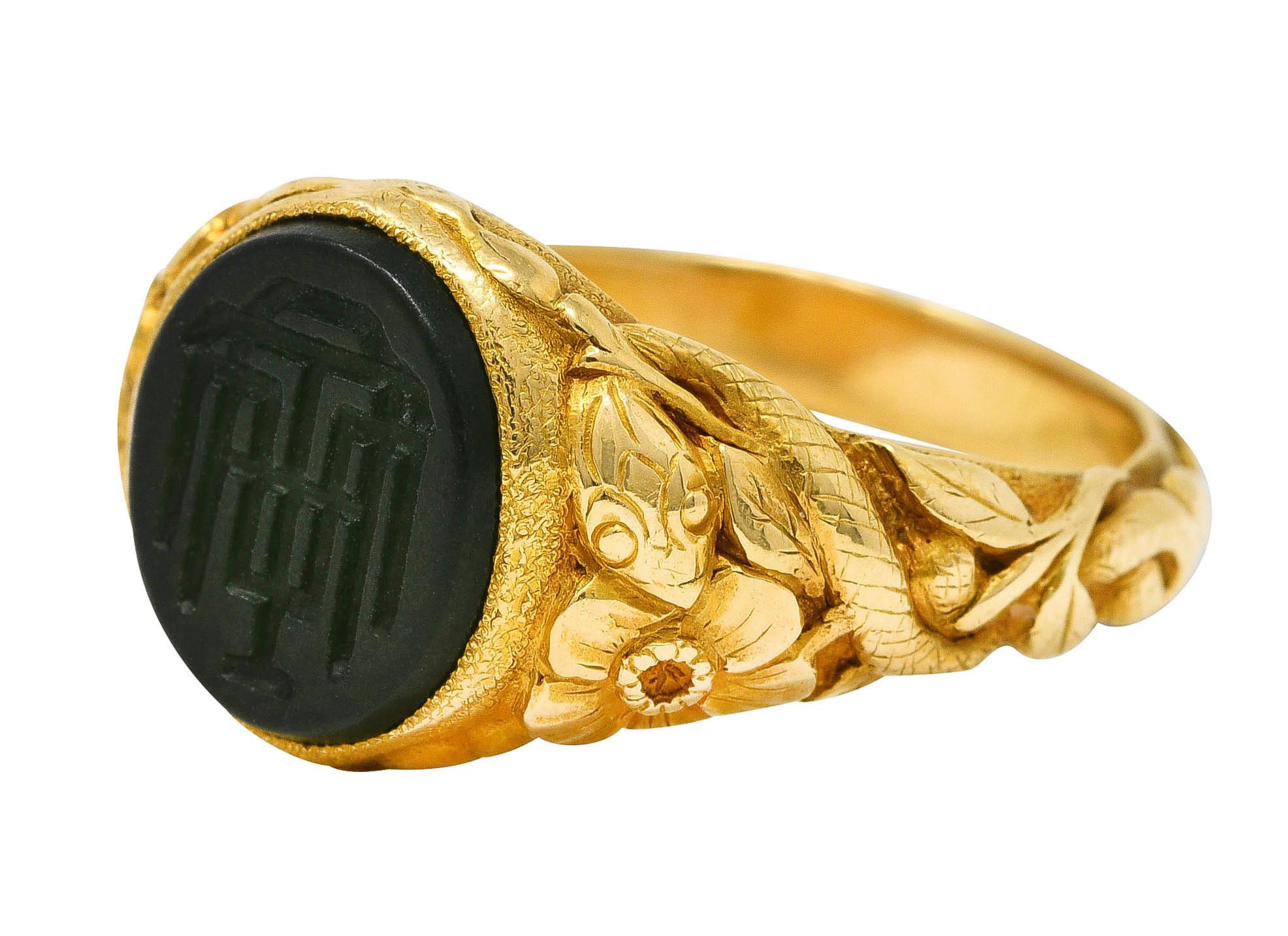 Round Cut Tiffany & Co. Antique Nephrite Jade 18 Karat Gold Floral Snake Signet Ring