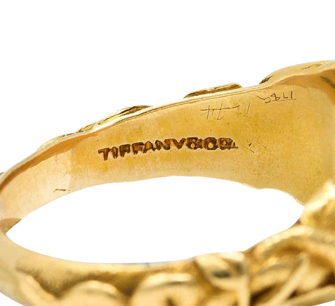 Tiffany & Co. Antique Nephrite Jade 18 Karat Gold Floral Snake Signet Ring In Excellent Condition In Philadelphia, PA