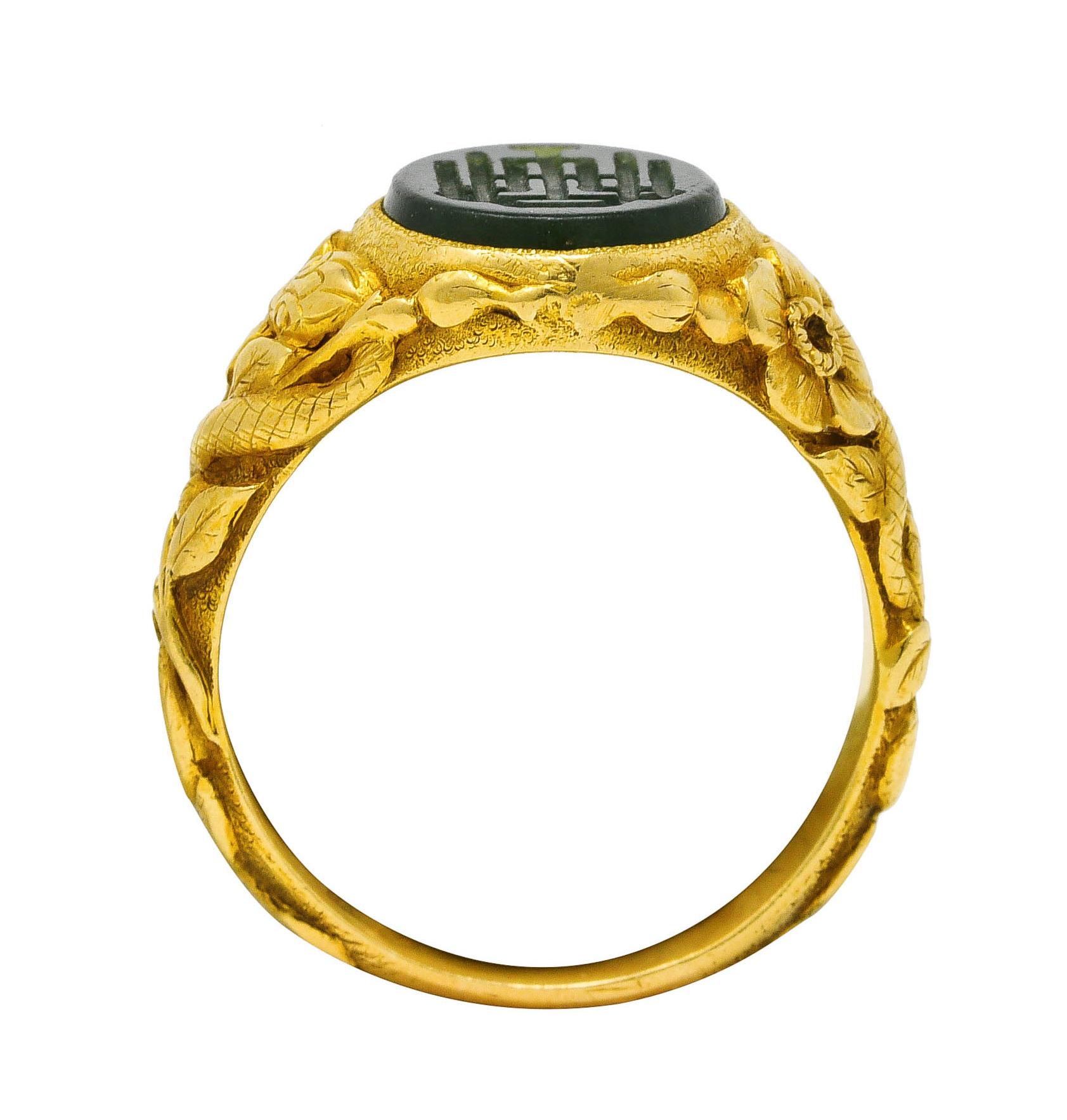 Women's or Men's Tiffany & Co. Antique Nephrite Jade 18 Karat Gold Floral Snake Signet Ring