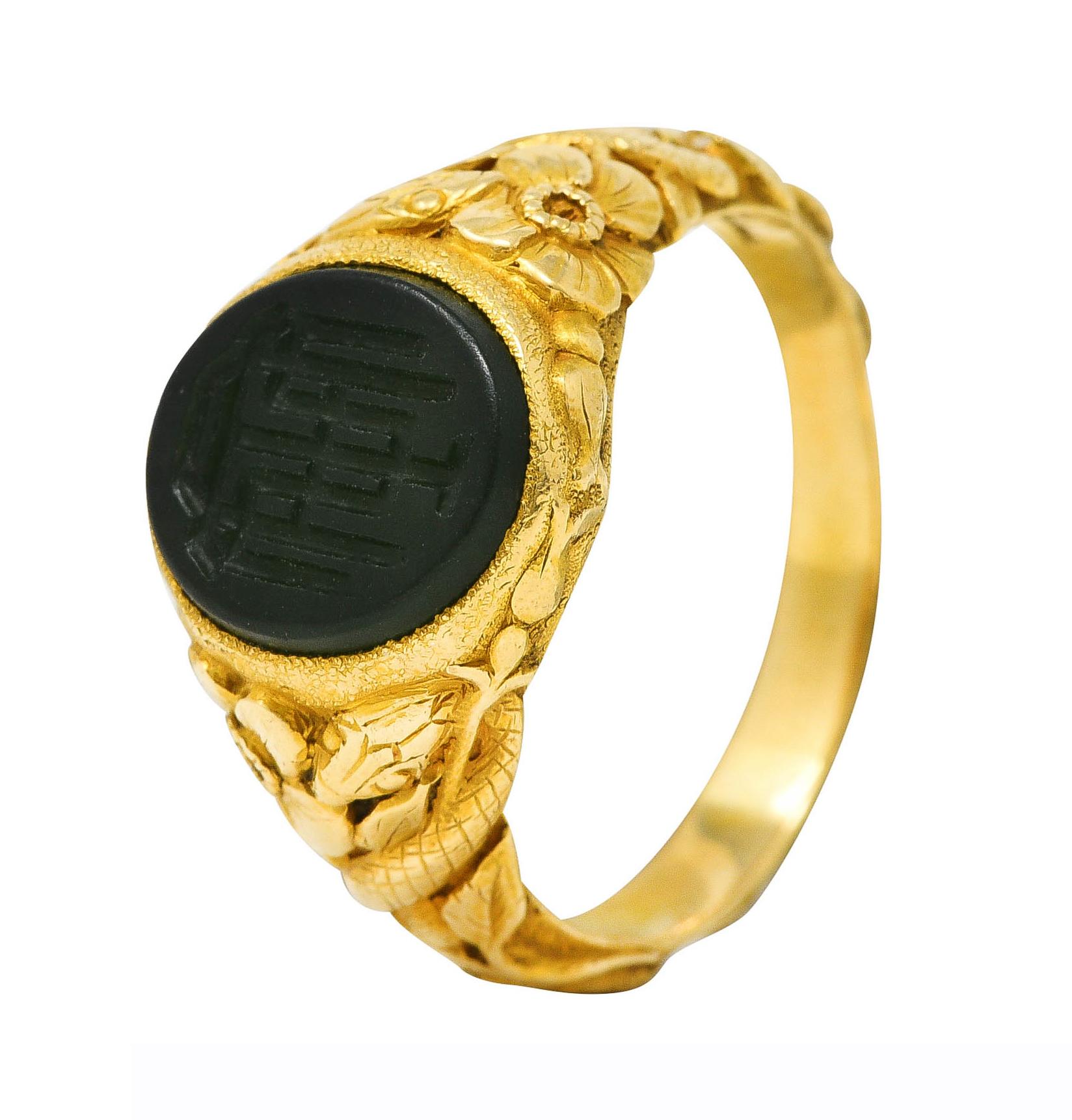 Tiffany & Co. Antique Nephrite Jade 18 Karat Gold Floral Snake Signet Ring 1