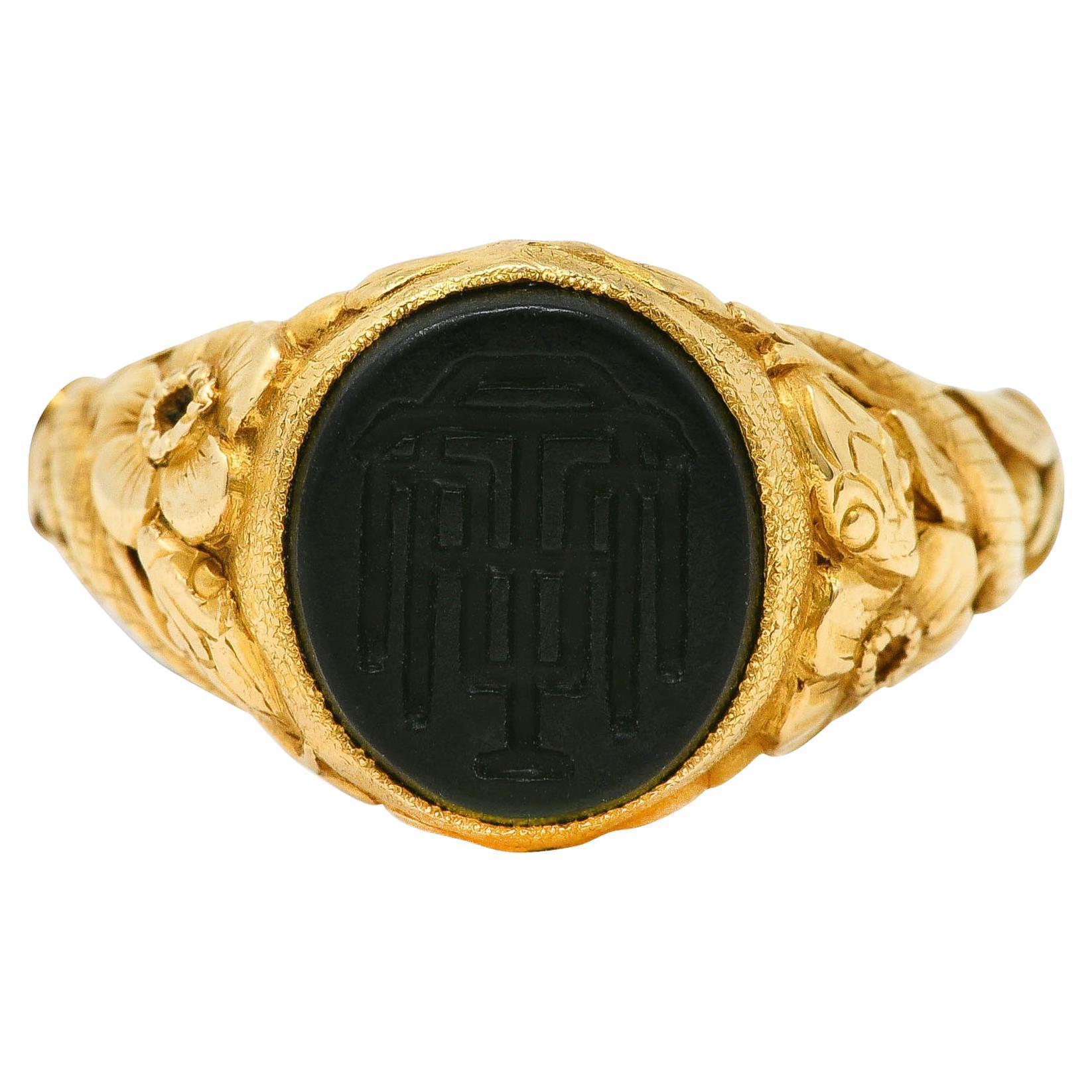 Tiffany & Co. Antique Nephrite Jade 18 Karat Gold Floral Snake Signet Ring