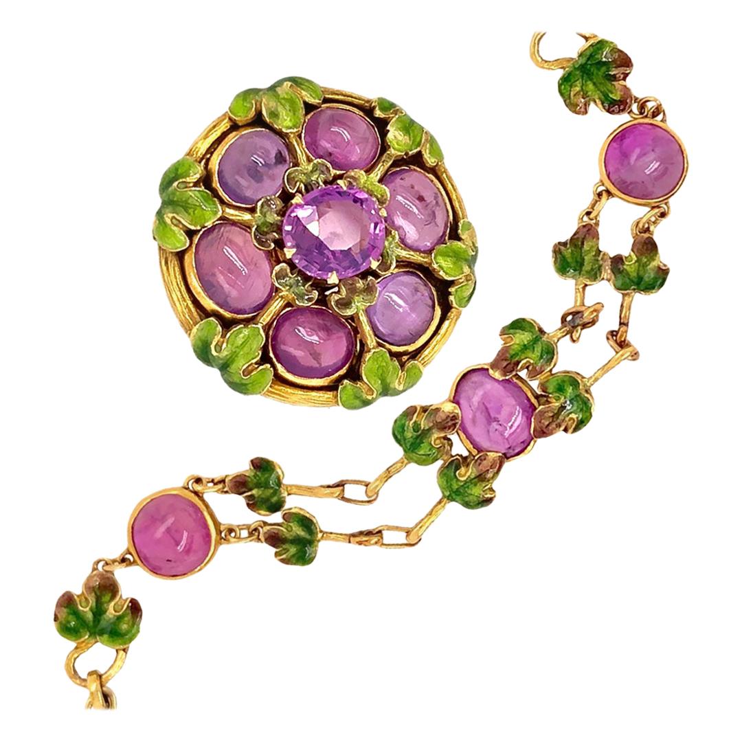 Tiffany & Co. Antique Pink Sapphire Enamel Brooch and Bracelet, circa 1900 For Sale
