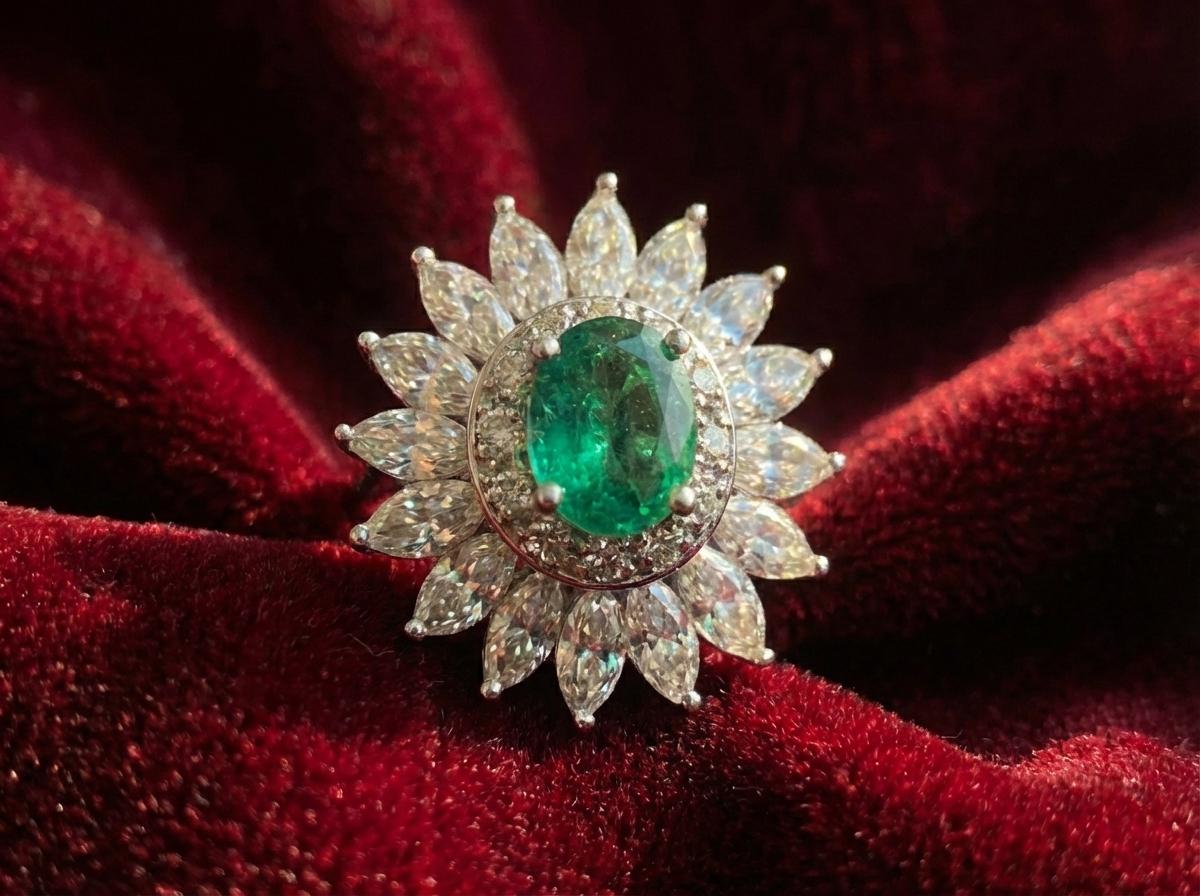 Tiffany & Co. Anello antico in platino con smeraldo e diamante da 1 carato a grappolo In condizioni ottime in vendita a Chicago, IL