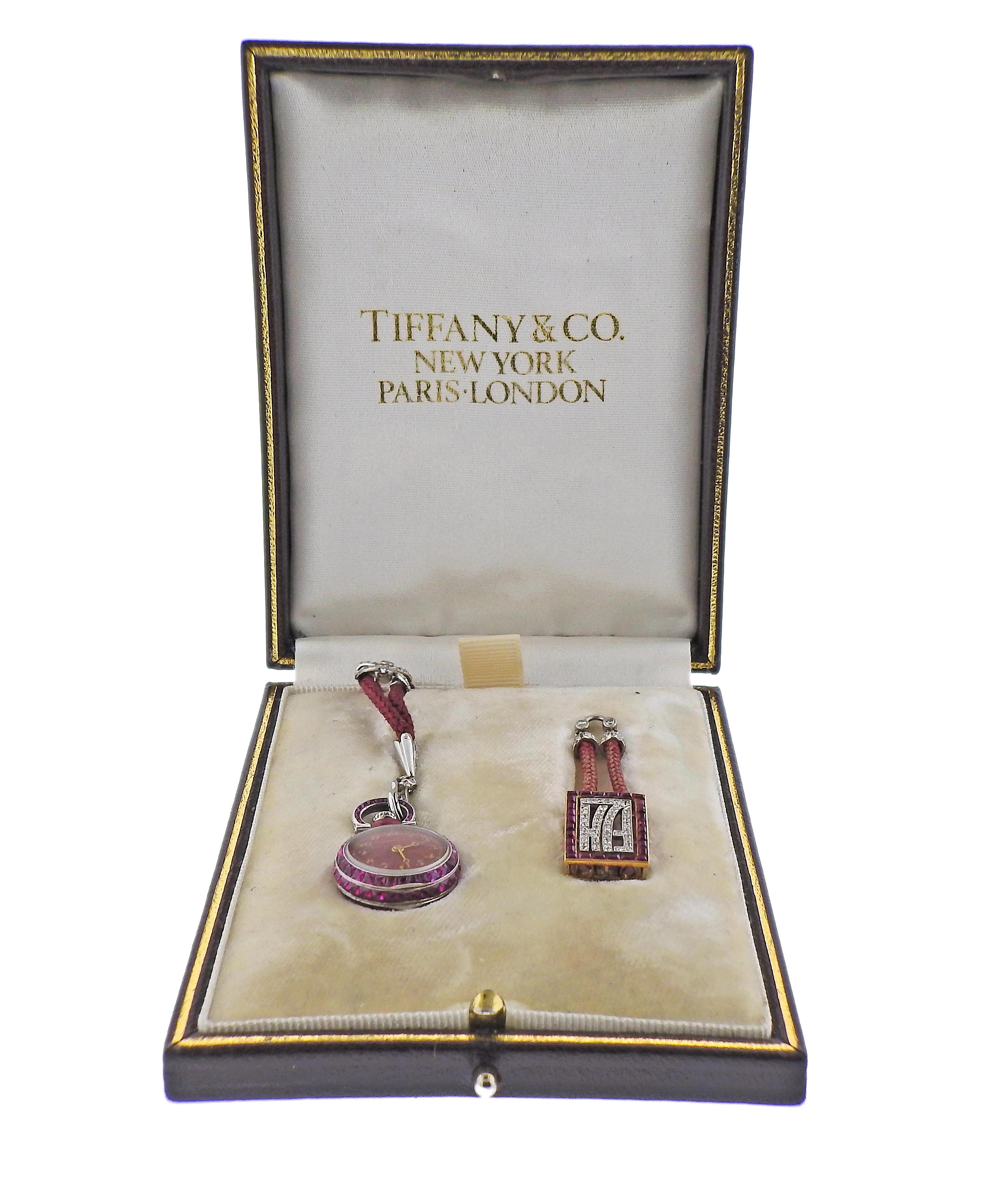Art Deco Tiffany & Co. Antique Platinum Ruby Diamond Pocket Watch Pendant Necklace