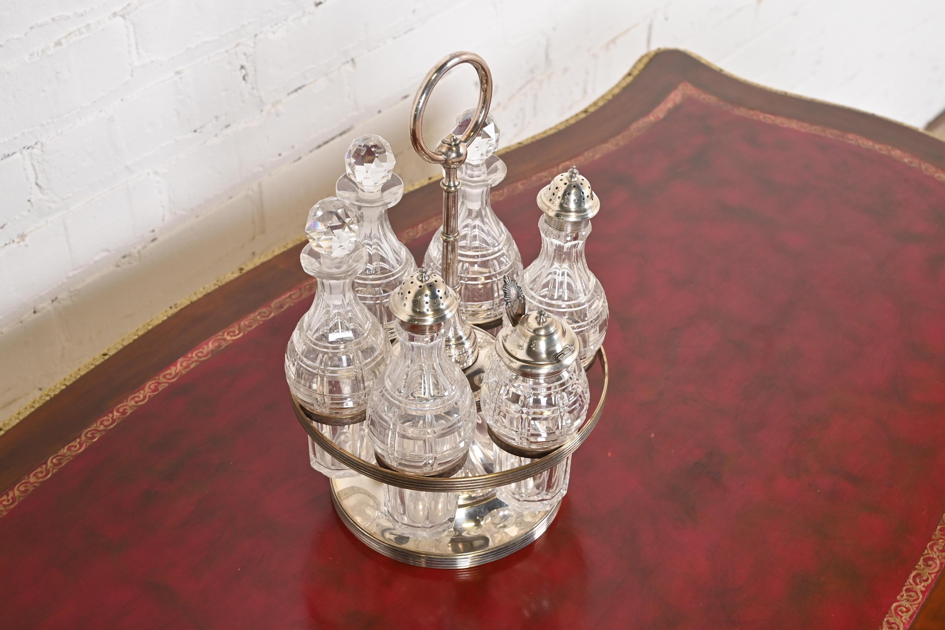 Tiffany & Co. Antique Silver Plate and Crystal Seven-Piece Cruet Set In Good Condition For Sale In South Bend, IN