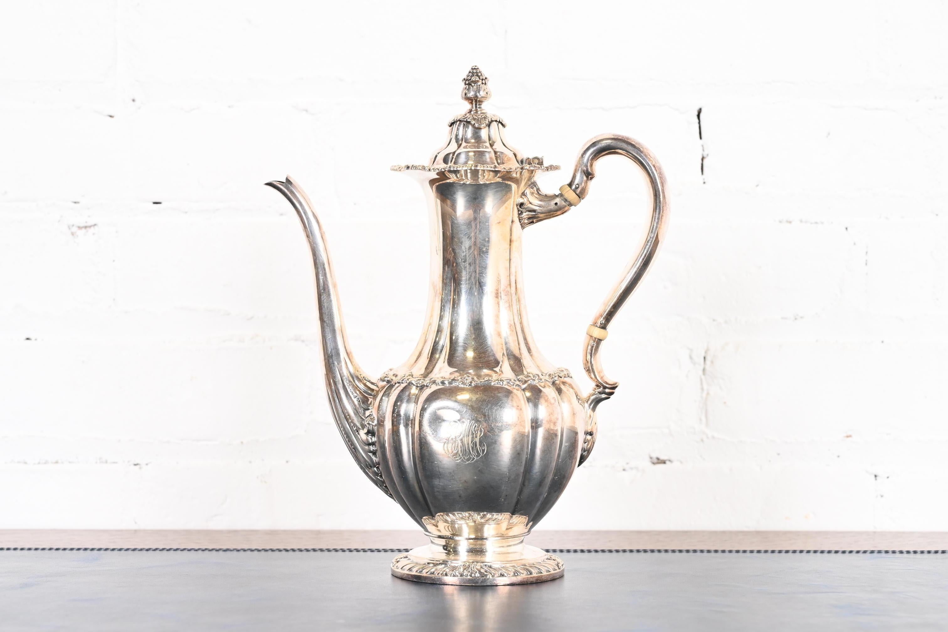 A gorgeous antique silverplate tea kettle or coffee pot

By Tiffany & Co.

USA, 1902

Measures: 7.5