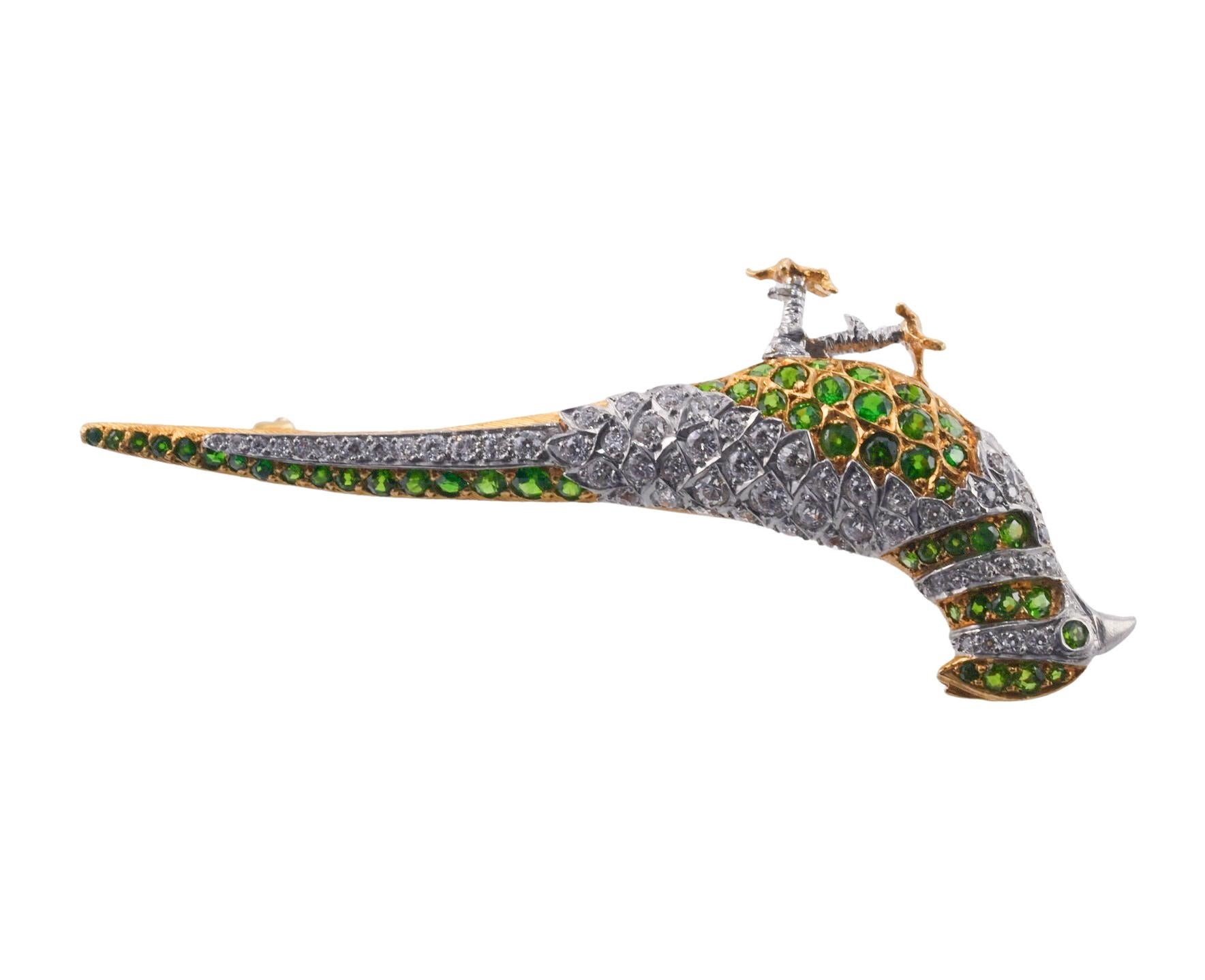 Tiffany & Co Antique Tsavorite Garnet Diamond Gold Pheasant Brooch In Excellent Condition In New York, NY