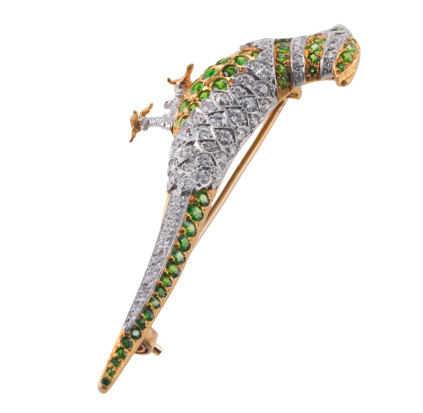 Tiffany & Co Antique Tsavorite Garnet Diamond Gold Pheasant Brooch 2
