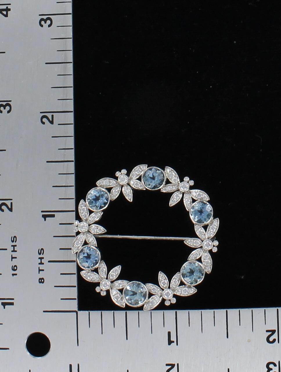 Round Cut Tiffany & Co. Aquamarine and Diamond Pin in Platinum For Sale