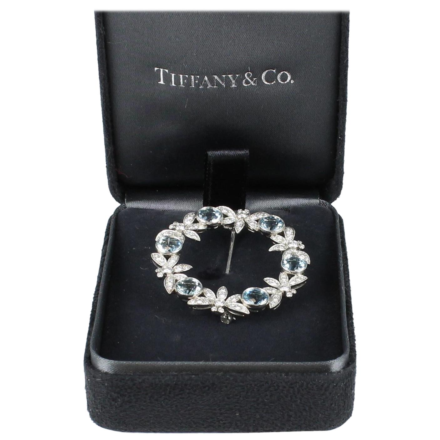 Tiffany 
Co. Aquamarine and Diamond Pin in Platinum For Sale