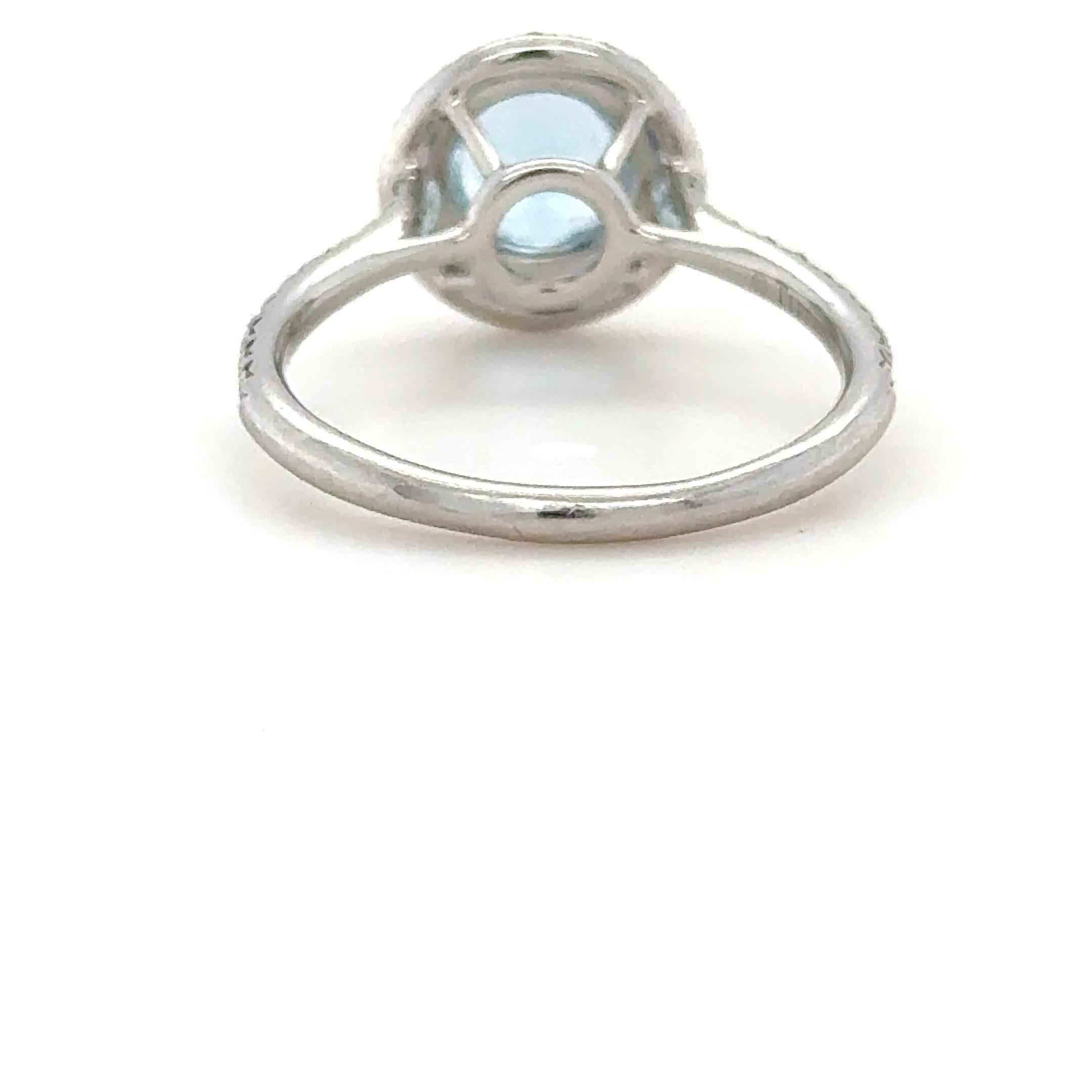 Acquamarina
Taglio: Rotondo brillante 
Carati: 0,75 carati
Misure: 6,60 mm

Piccoli diamanti
Conteggio: 77 diamanti
Carati: 0,65 carati totali
Colore: F-G
Chiarezza: VS

Metallo: Platino
Misura dell'anello: 7 1/4
Timbro: TIFFANY&CO. PT950
Peso