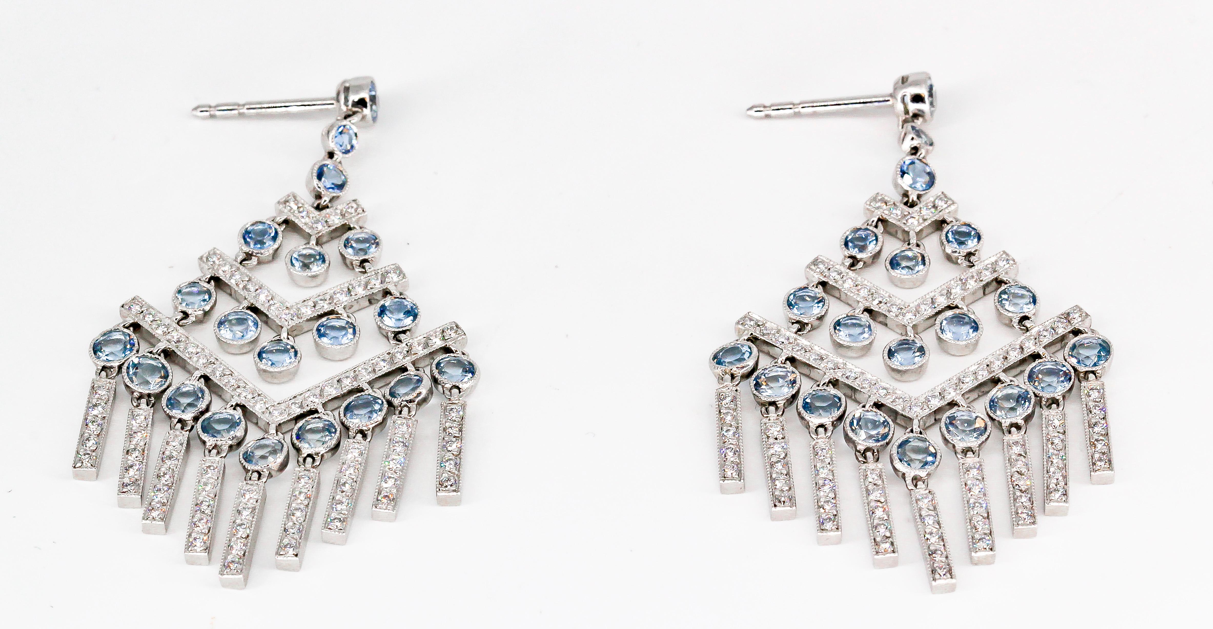 Round Cut Tiffany & Co. Aquamarine Diamond and Platinum Chevron Chandelier Fringe Earrings For Sale