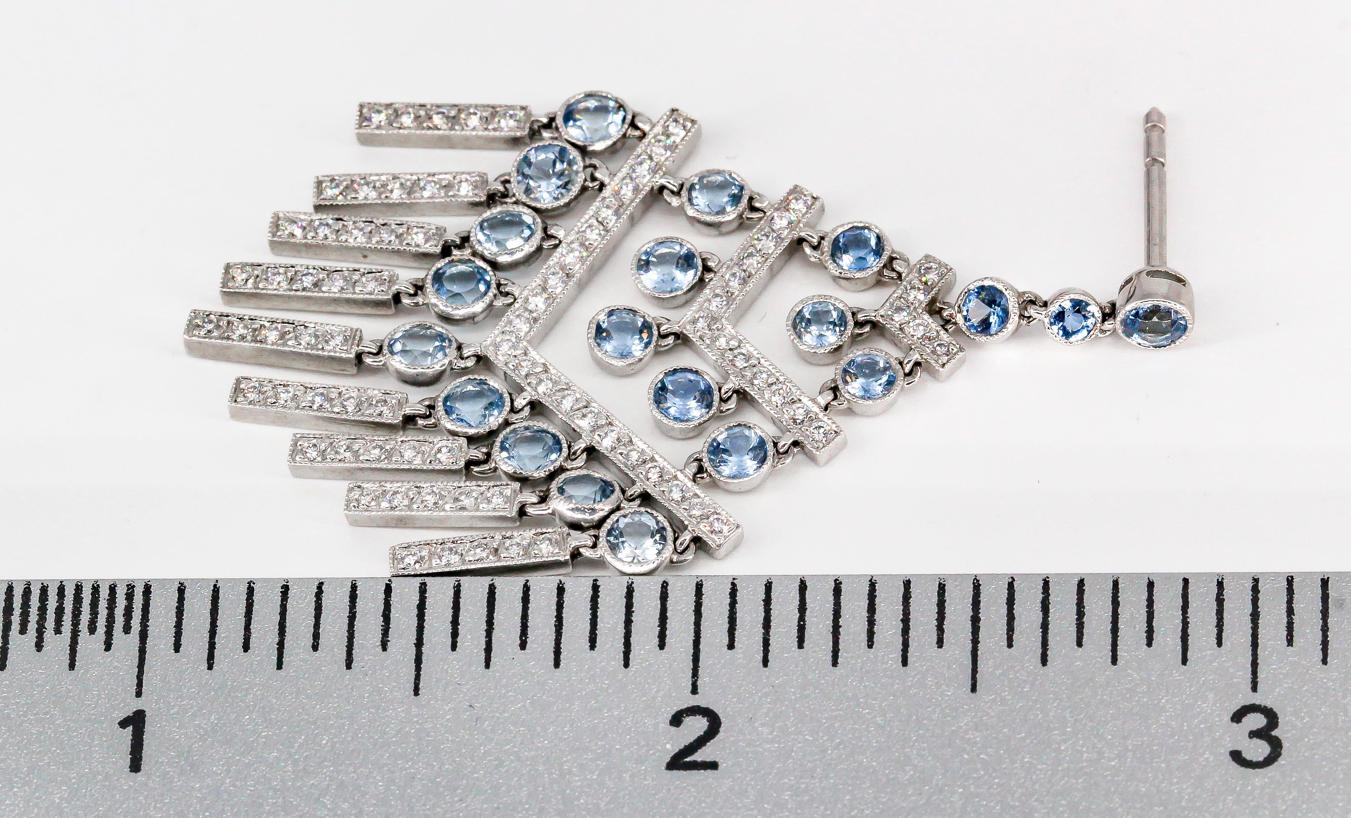 Tiffany & Co. Aquamarine Diamond and Platinum Chevron Chandelier Fringe Earrings In Excellent Condition For Sale In Bellmore, NY
