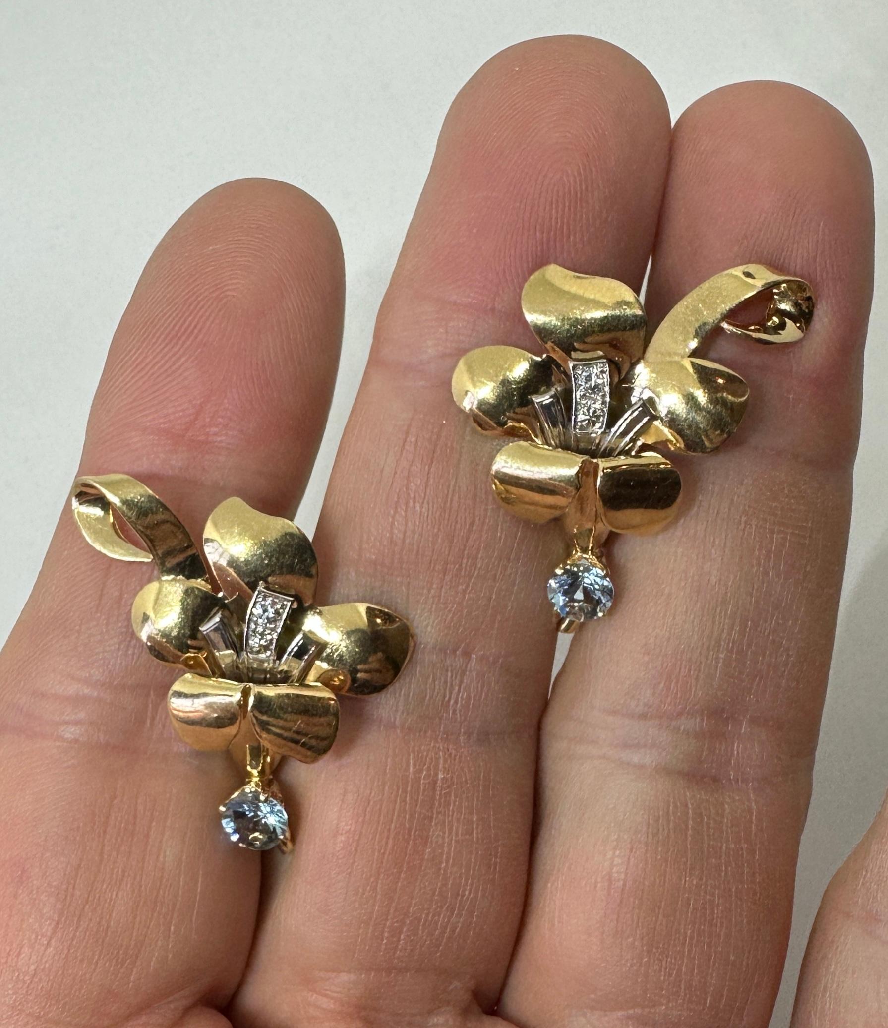 Taglio rotondo Tiffany & Co. Orecchini con diamanti e acquamarina in oro 14 carati, antichi e retrò Tiffany in vendita