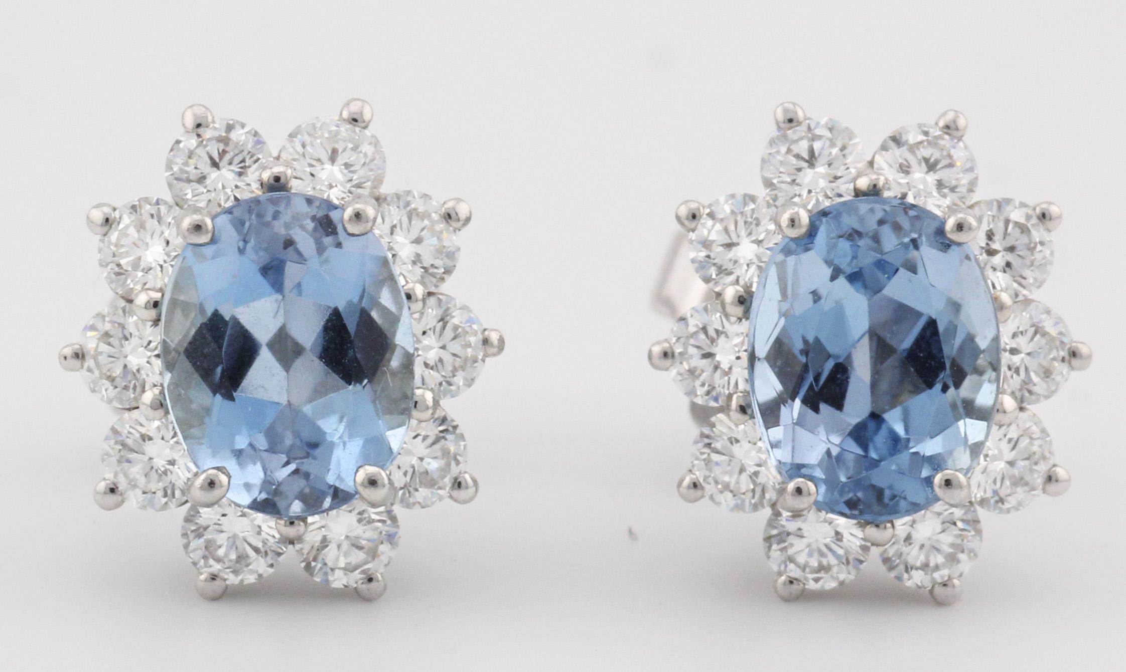 Oval Cut Tiffany & Co. Aquamarine Diamond Platinum Stud Earrings For Sale
