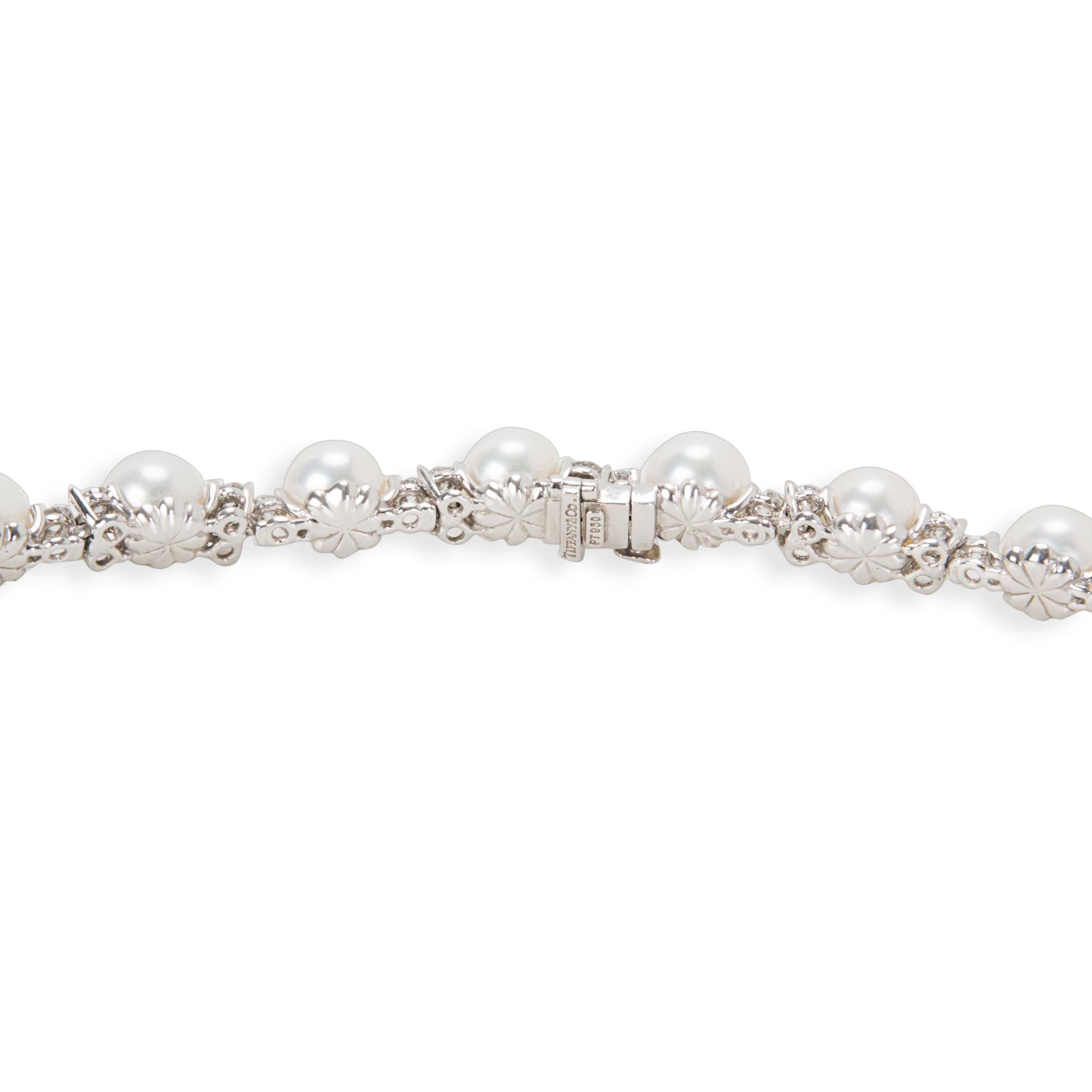 Round Cut Tiffany & Co. Aria Diamond and Akoya Pearl Necklace in Platinum 5.40 Carats