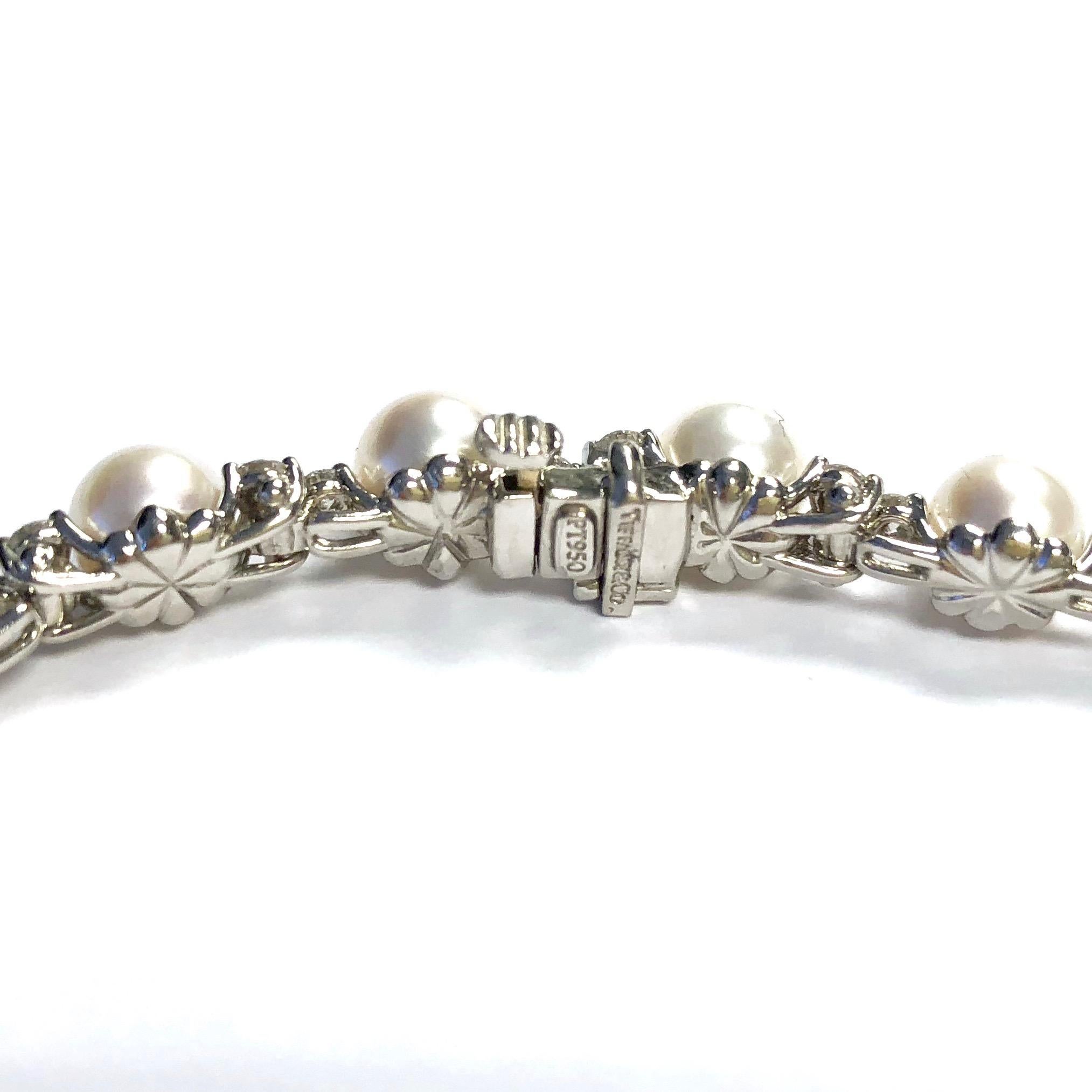 Tiffany & Co. Platinum  Aria Akoya cultured pearls and round brilliant diamonds bracelet. 
16 Pearls measuring 6.5-7mm in diameter.
Total diamond weight: 2.18ct.
Length: 7 inches
Current retail price: $15,000 + Tax
Condition: Excellent, like new. 