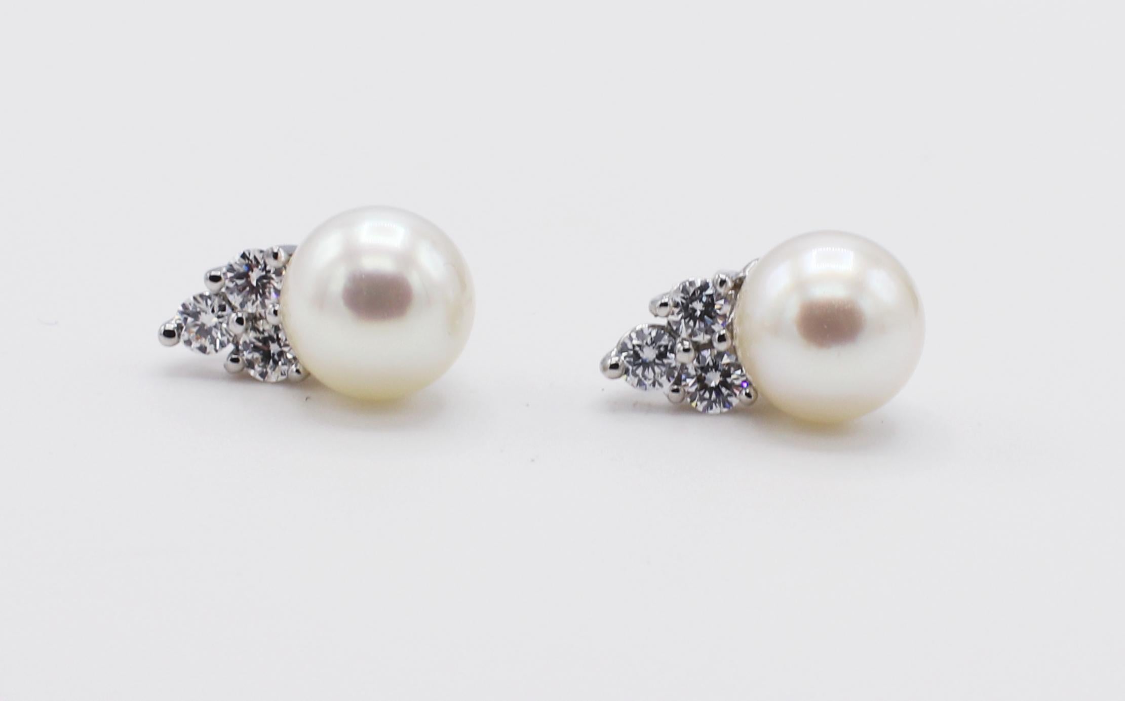 Tiffany & Co. Aria Platinum Diamond & Akoya White Cultured Pearl Stud Earrings 
Metal: Platinum
Weight: 3.2 grams
Pearls: Two 7.1mm Akoya white cultured pearls 
Diamonds: Approx. .36 CTW F-G VS
Length: 12MM
Width: 7.1MM

