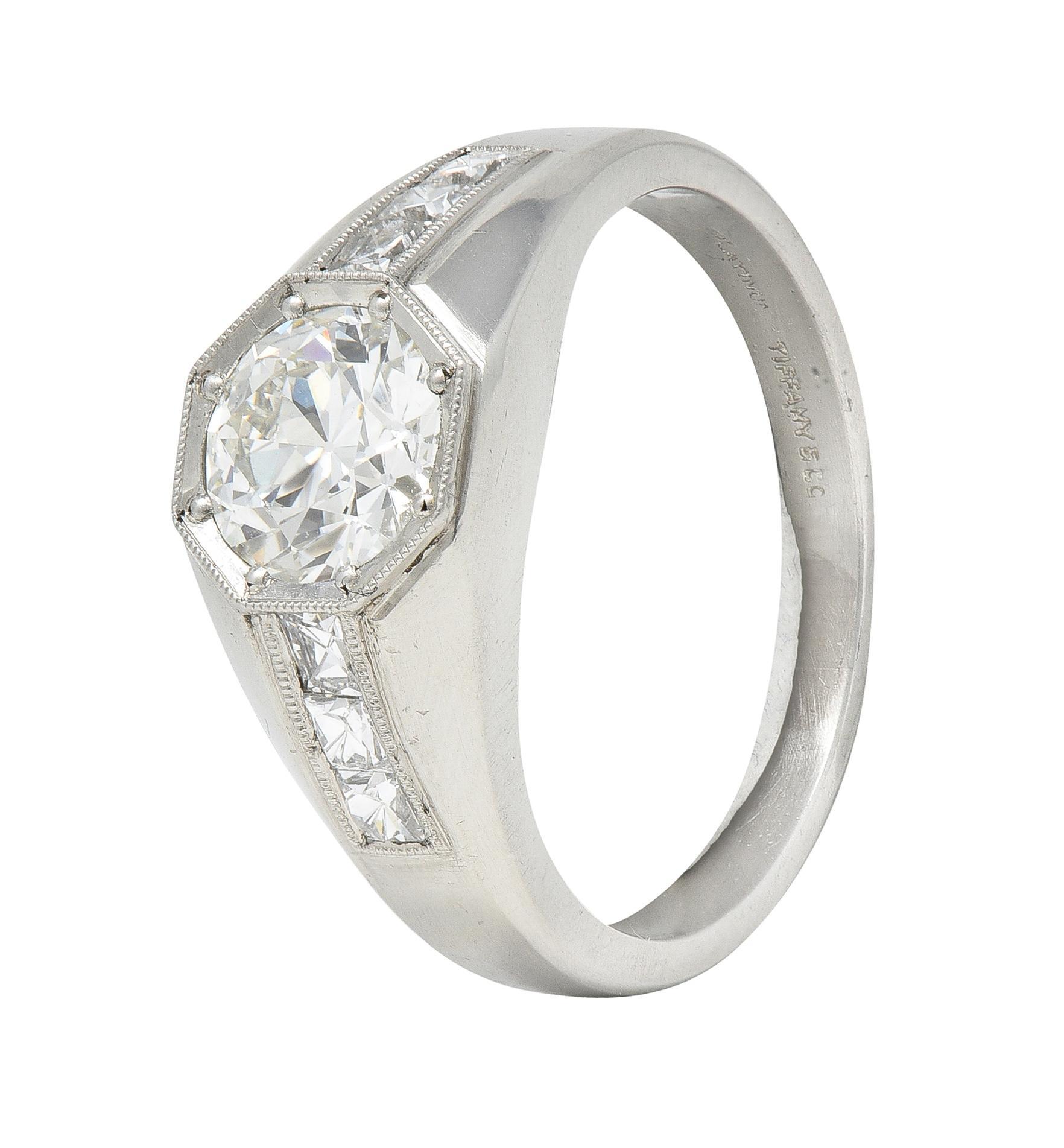 Old European Cut Tiffany&Co Art Deco Style 1.20 CTW Old European Diamond Platinum Engagement Ring For Sale