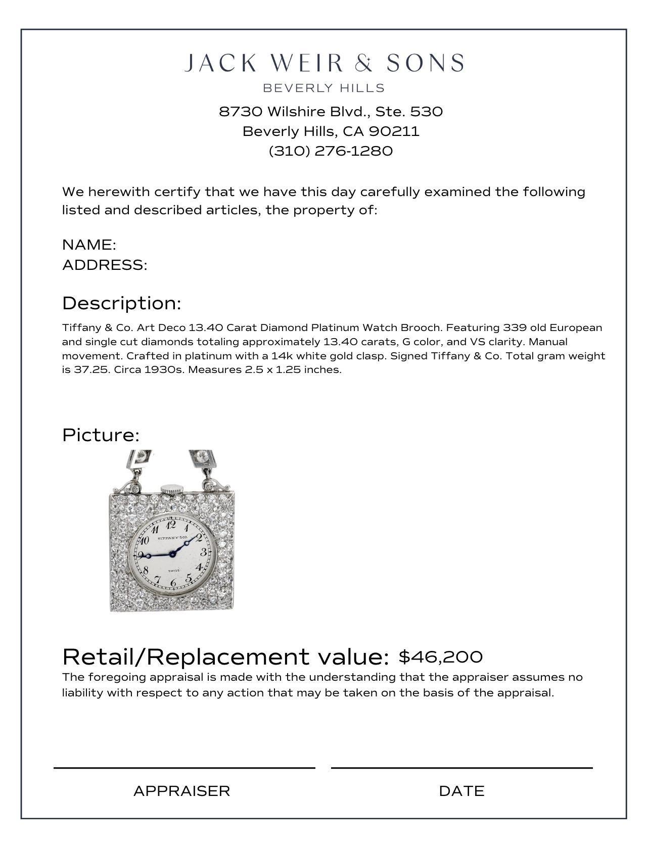 Women's Tiffany & Co. Art Deco 13.40 carat diamond platinum watch brooch