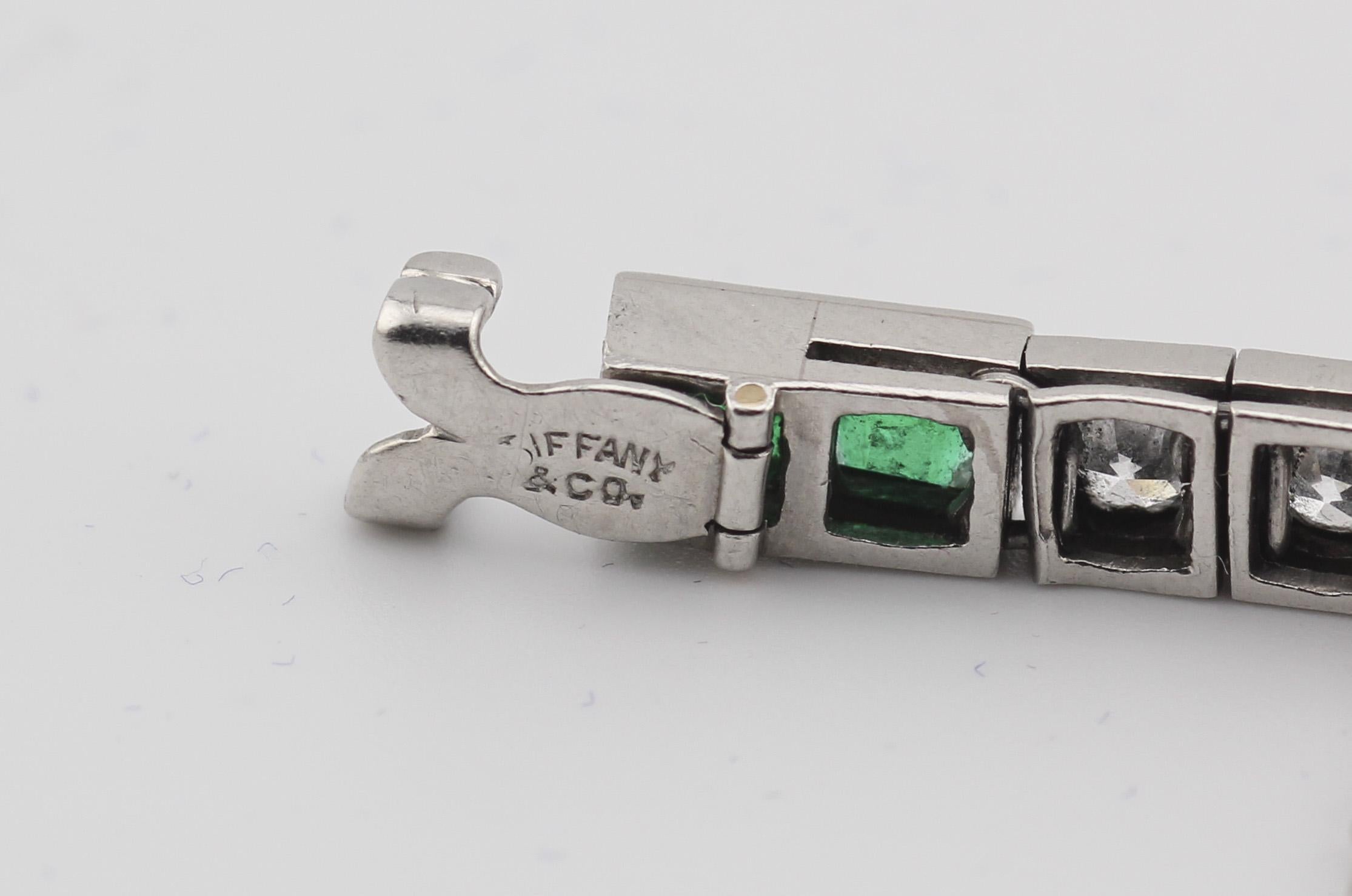 Women's Tiffany & Co. Art Deco 5 CTW Diamond Emerald Platinum Line Tennis Bracelet For Sale
