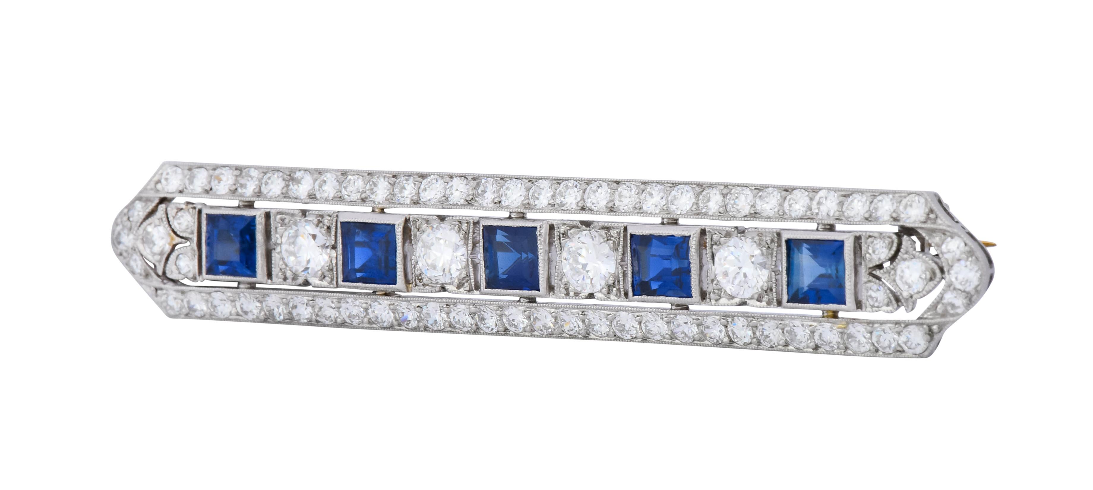 Round Cut Tiffany & Co. Art Deco 5.04 Carat Sapphire Diamond Platinum Bar Brooch