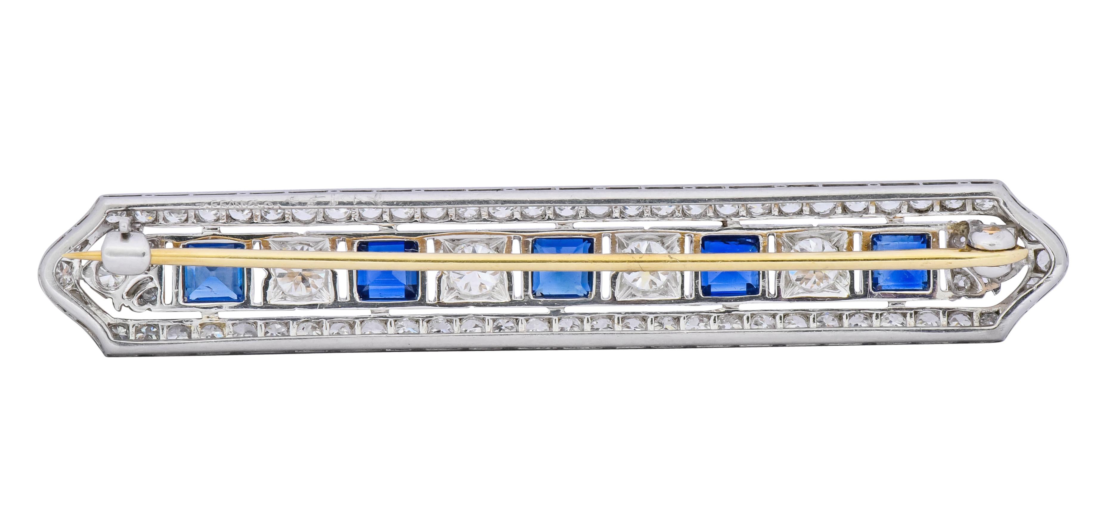Tiffany & Co. Art Deco 5.04 Carat Sapphire Diamond Platinum Bar Brooch In Excellent Condition In Philadelphia, PA