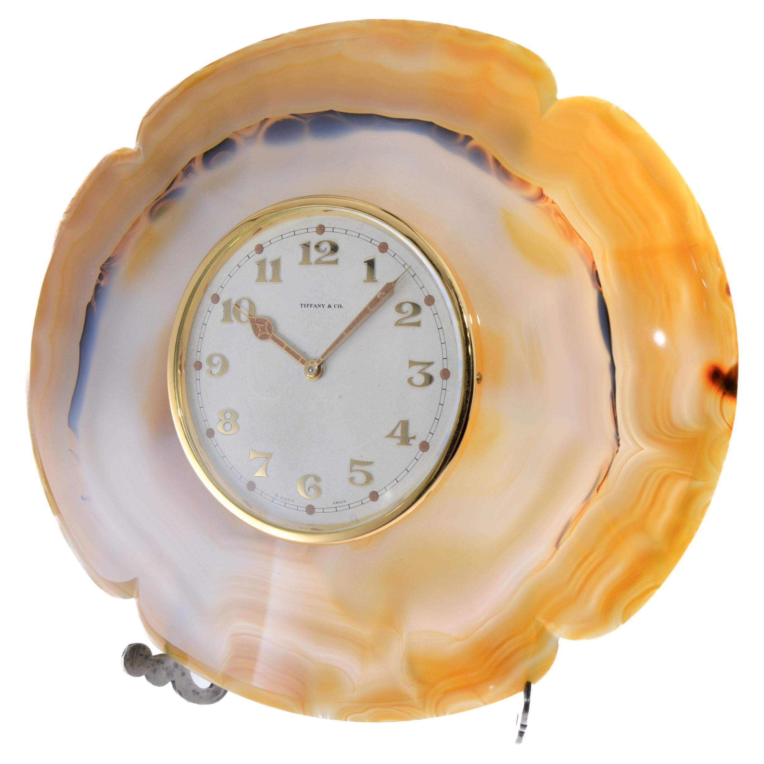 Tiffany & Co. Art Deco Agate Stone Desk Clock In Excellent Condition For Sale In Long Beach, CA