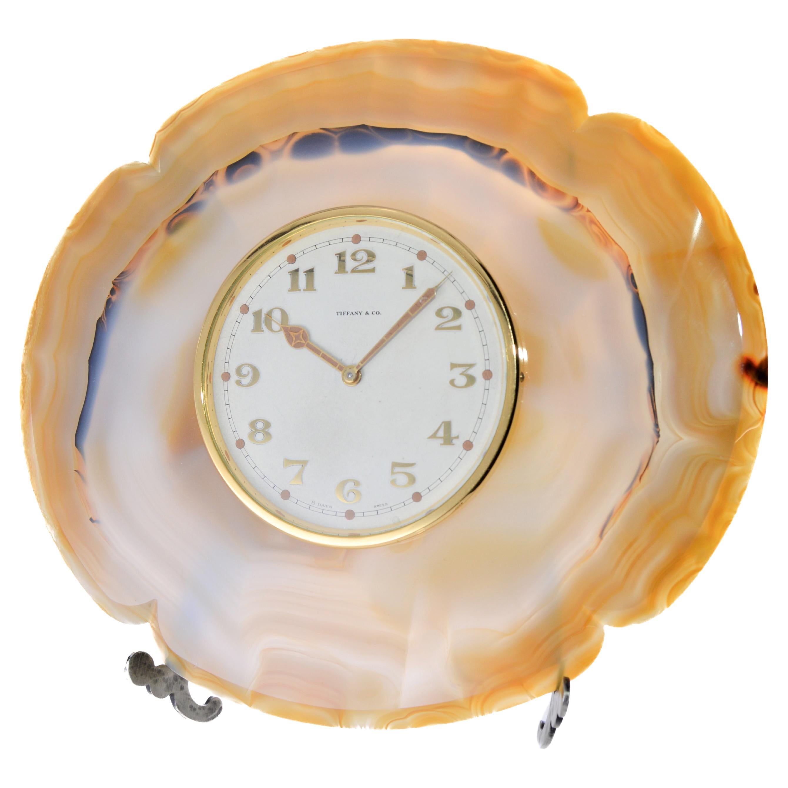 Women's or Men's Tiffany & Co. Art Deco Agate Stone Desk Clock For Sale