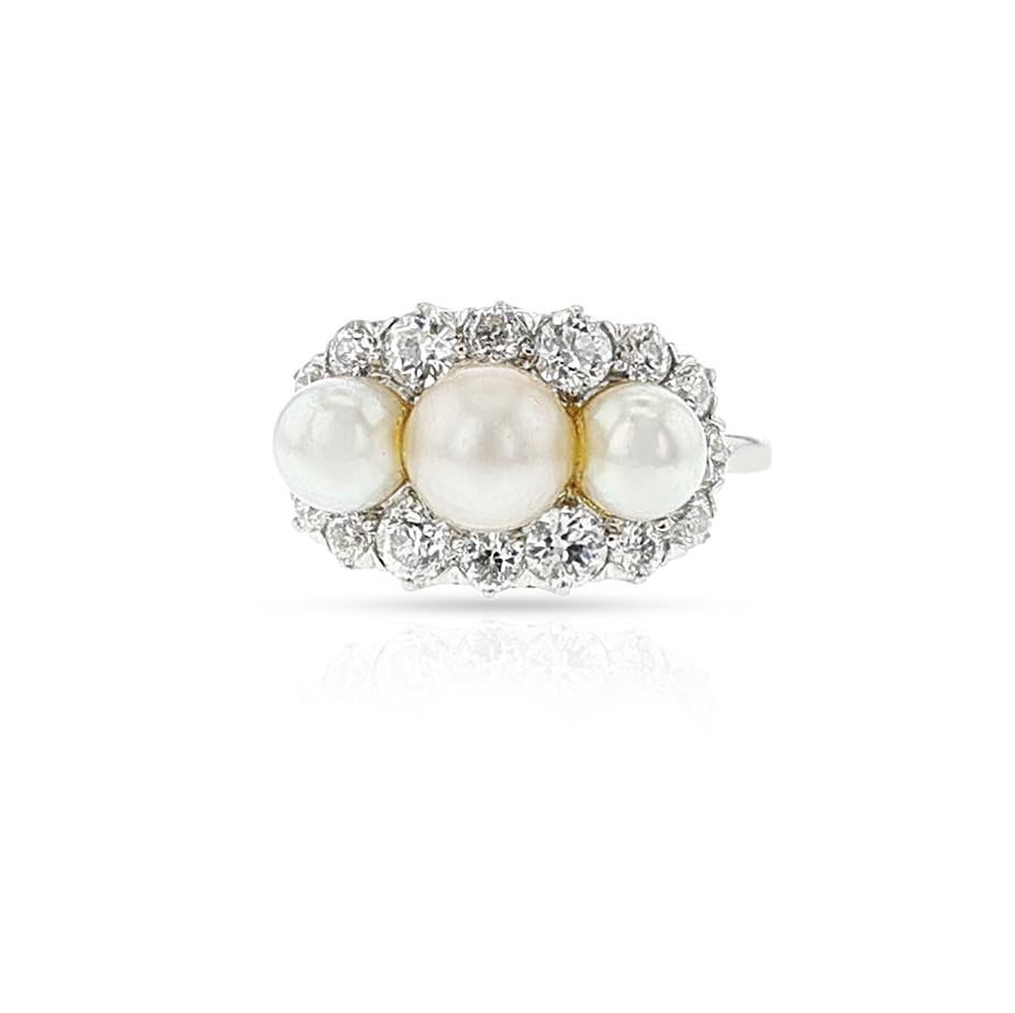 Old European Cut Tiffany & Co. Art Deco Akoya Pearl and European-Cut Diamond Ring, Platinum For Sale