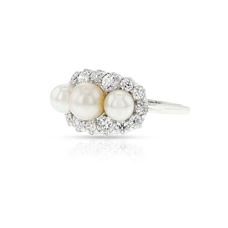 Tiffany & Co. Art Deco Akoya Pearl and European-Cut Diamond Ring, Platinum In Excellent Condition For Sale In New York, NY