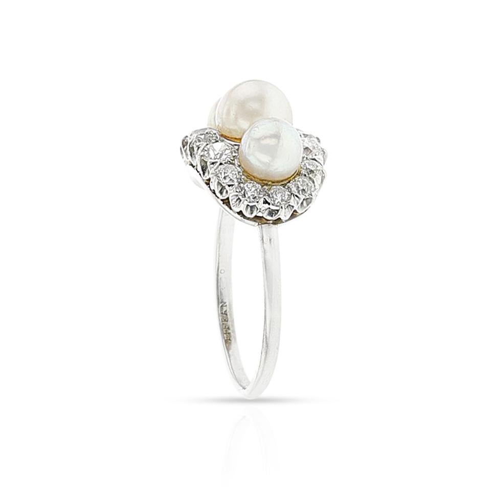 Women's or Men's Tiffany & Co. Art Deco Akoya Pearl and European-Cut Diamond Ring, Platinum For Sale