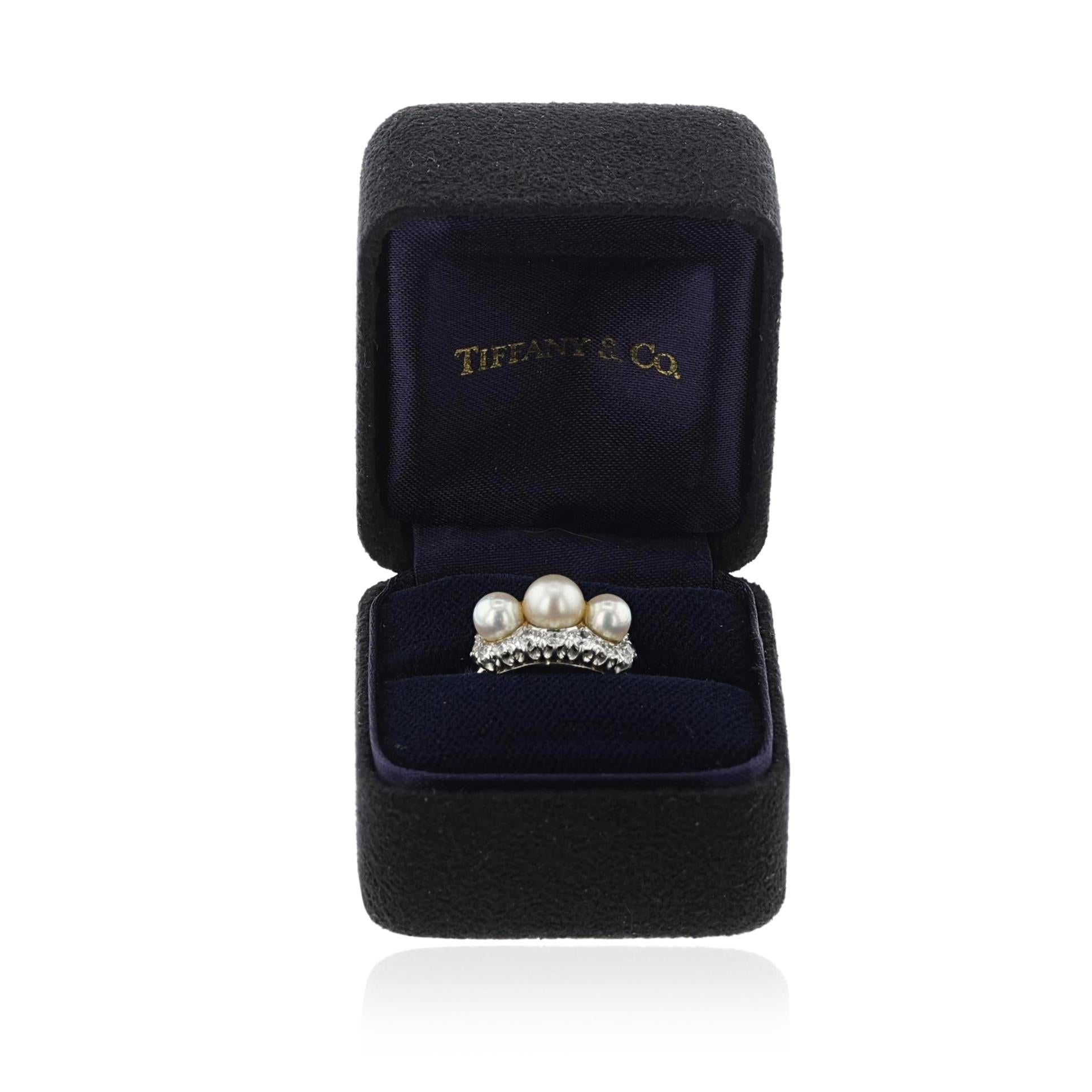 Tiffany & Co. Art Deco Akoya Pearl and European-Cut Diamond Ring, Platinum For Sale 1