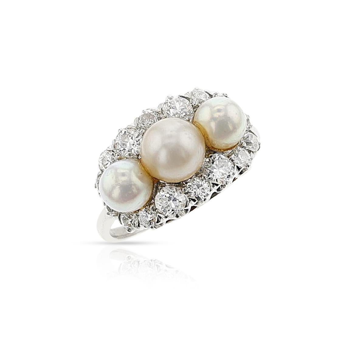 Tiffany & Co. Art Deco Akoya Pearl and European-Cut Diamond Ring, Platinum For Sale 2