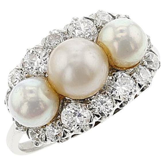 Tiffany & Co. Art Deco Akoya Pearl and European-Cut Diamond Ring, Platinum For Sale