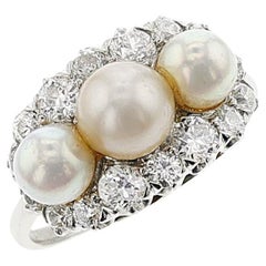 Tiffany & Co. Art Deco Akoya Pearl and European-Cut Diamond Ring, Platinum