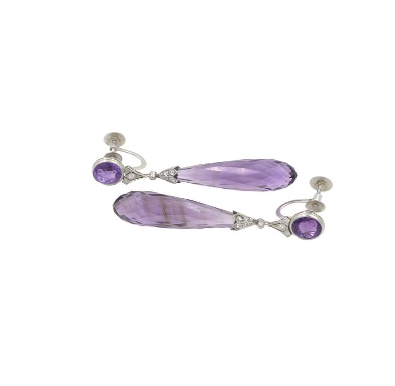 Tiffany & Co Platinum Art Deco earrings with Amethyst briolettes and 26 diamonds, 0.40cts.  7mm round amethysts and 28mm briolette amethysts. Screw back clips.  Marked 