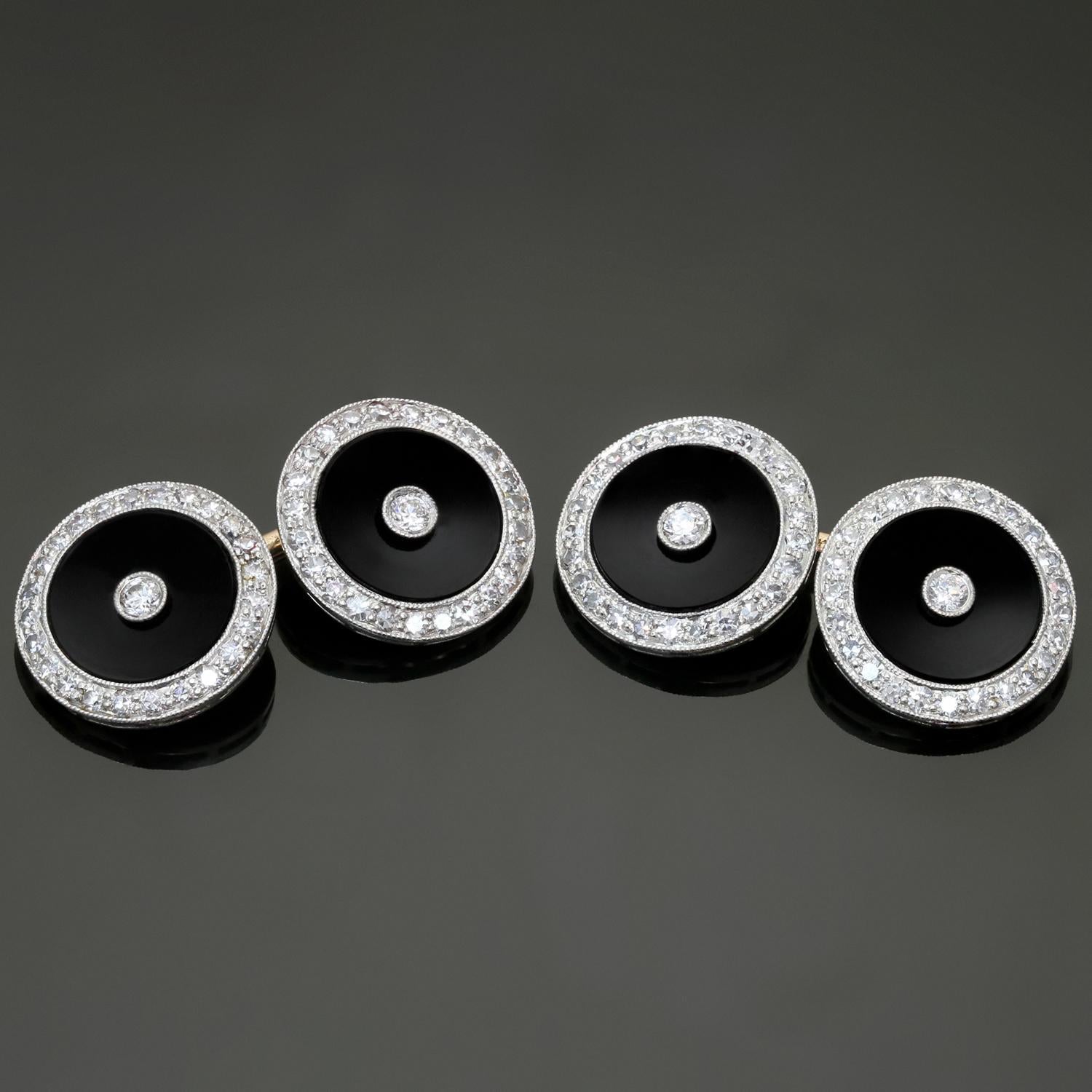 These classic Tiffany & Co. round cufflinks are crafted in platinum and 14k rose gold and set with black onyx and old mine-cut round diamonds of an estimated 1.20 carats. Made in United States circa 1930. Measurements: 0.51