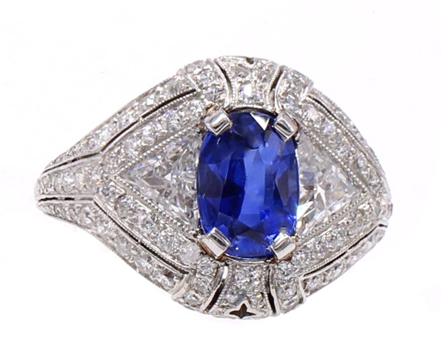 Oval Cut Tiffany & Co. Art Deco Burma Sapphire Diamond Platinum Ring For Sale