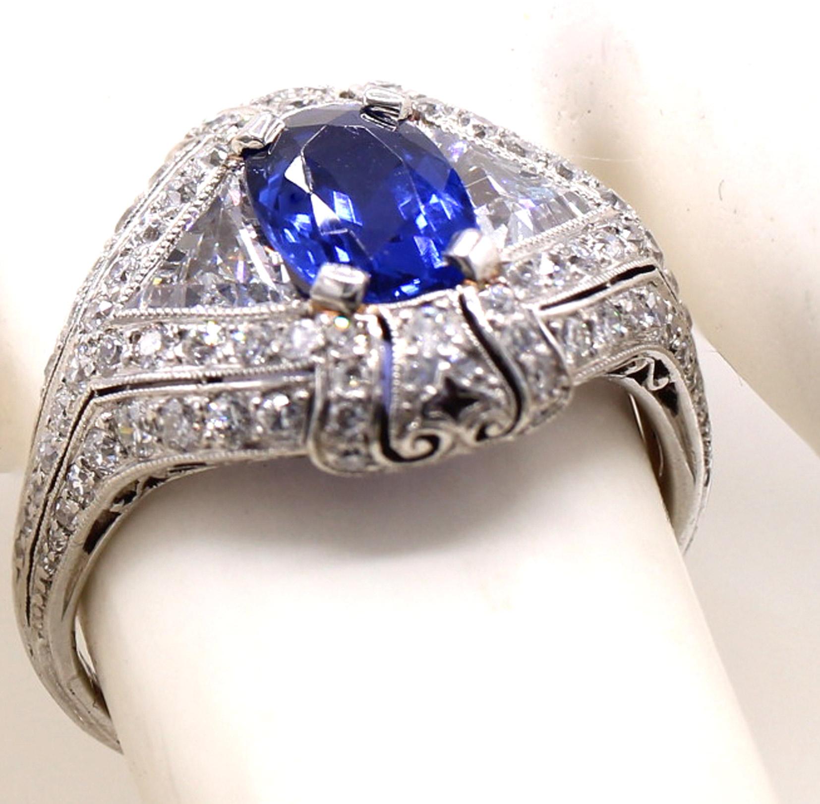 Tiffany & Co. Art Deco Burma Sapphire Diamond Platinum Ring In Excellent Condition For Sale In New York, NY
