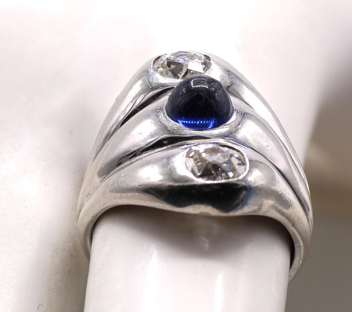 Women's or Men's Tiffany & Co Art Deco Cabochon Sapphire Old European Cut Diamond Platinum Ring For Sale