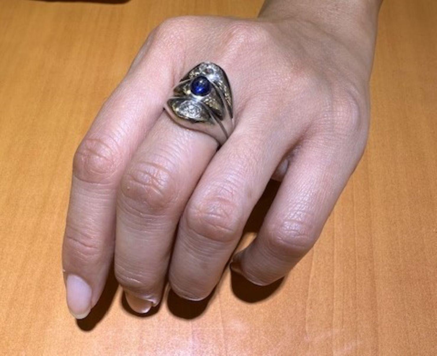 Tiffany & Co Art Deco Cabochon Sapphire Old European Cut Diamond Platinum Ring For Sale 1