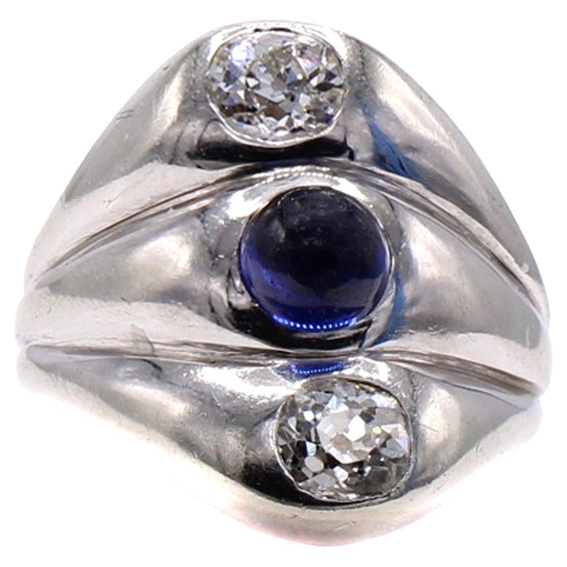 Tiffany & Co Art Deco Cabochon Sapphire Old European Cut Diamond Platinum Ring For Sale