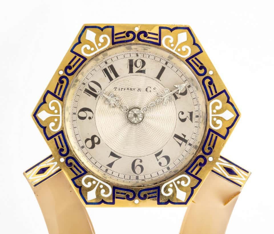 European Tiffany & Co. Art Deco Carved Hardstone Blue and White Enamel Diamond Clock For Sale