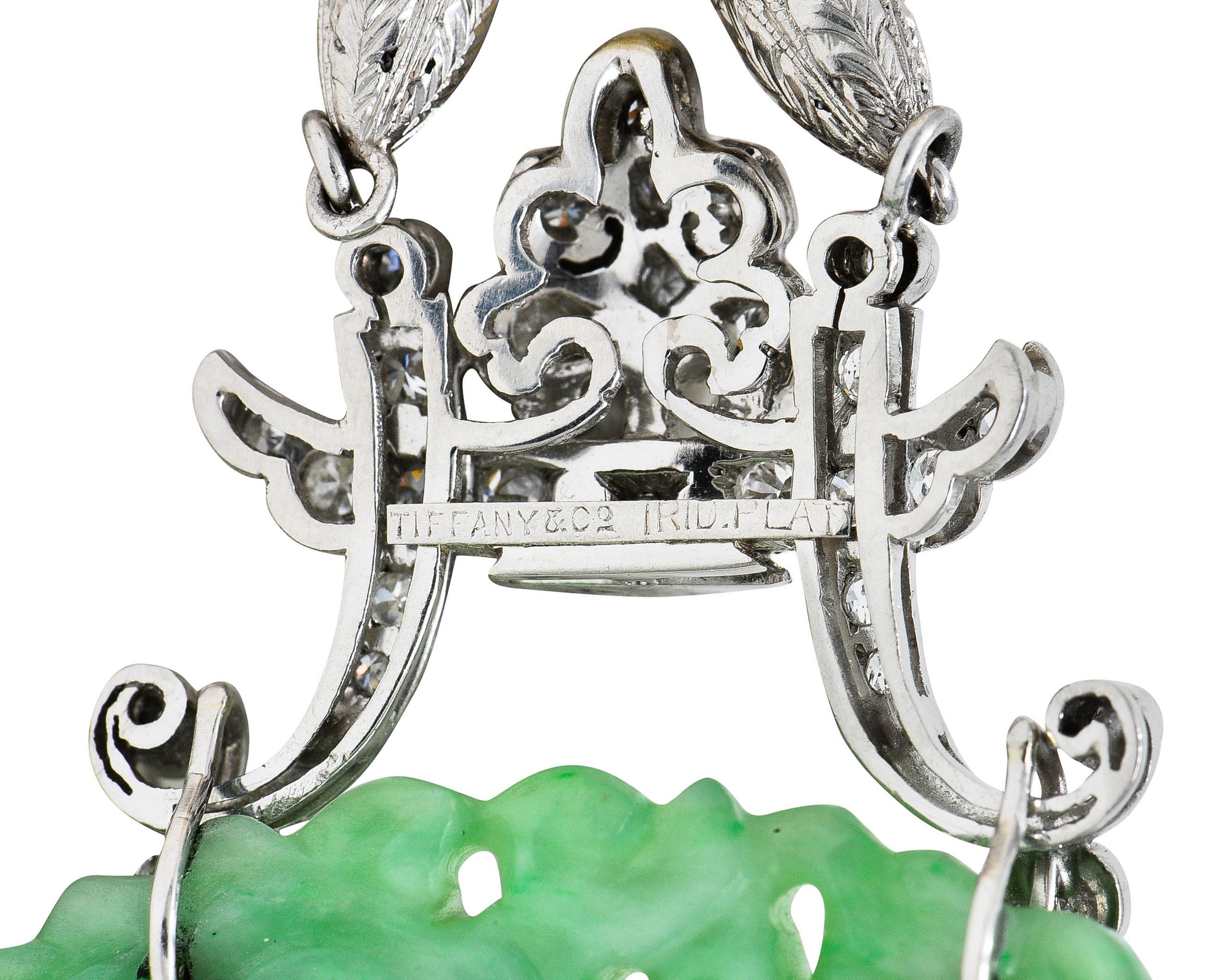 Round Cut Tiffany & Co. Art Deco Carved Jade Dragon Seed Pearl Diamond Platinum Necklace For Sale