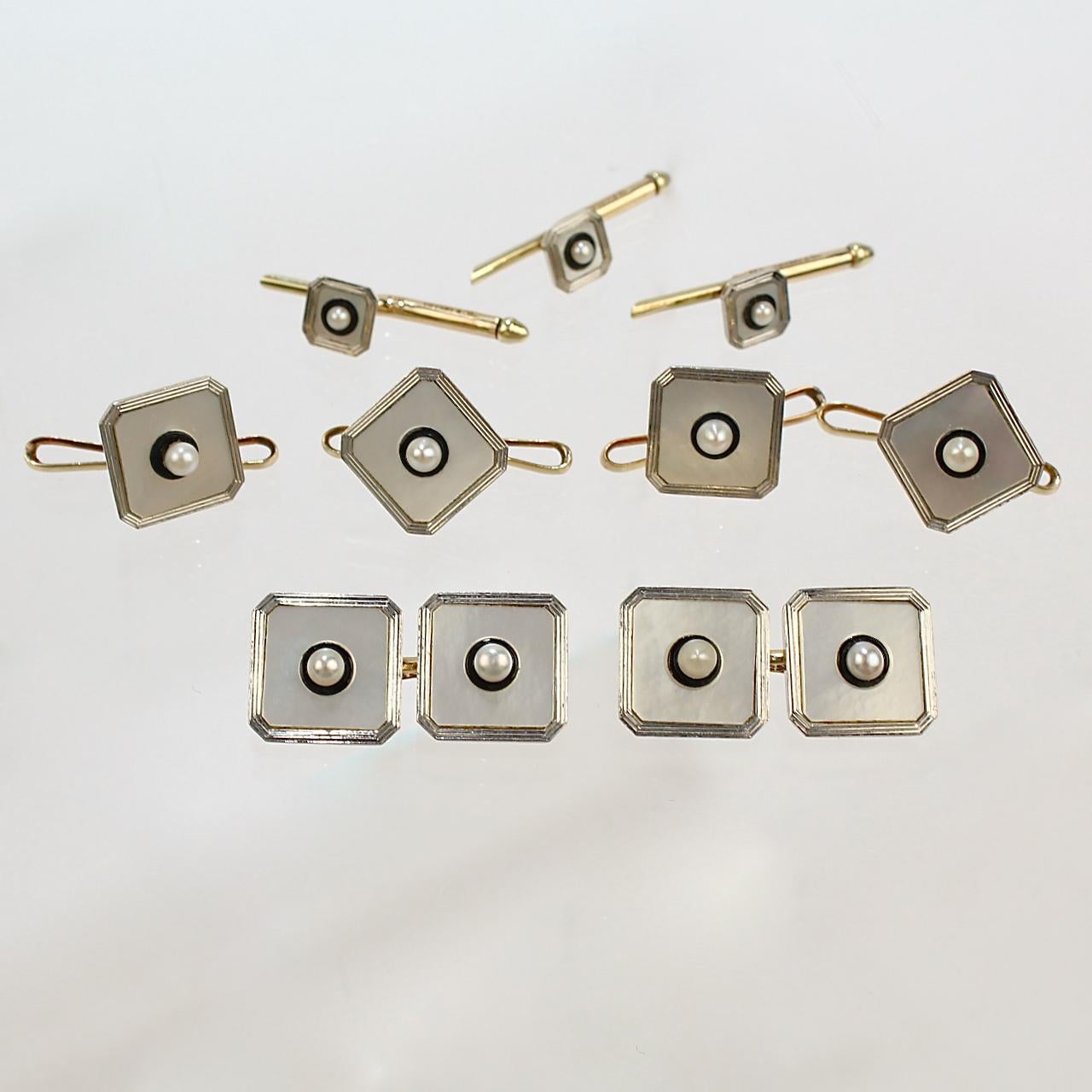 Round Cut Tiffany & Co Art Deco Cufflink Dress Set in 14K Gold & Platinum with Seed Pearls