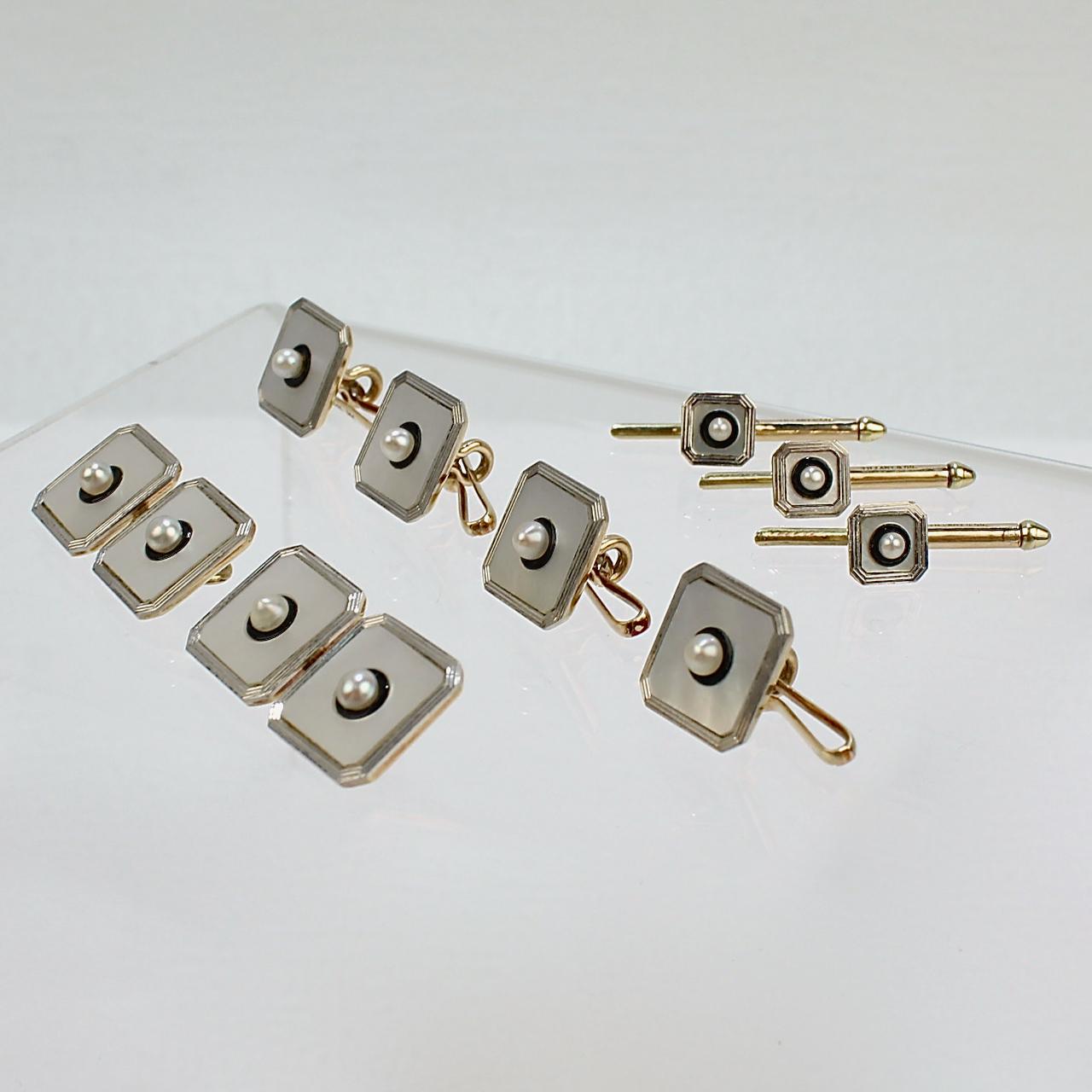 Tiffany & Co Art Deco Cufflink Dress Set in 14K Gold & Platinum with Seed Pearls In Good Condition In Philadelphia, PA