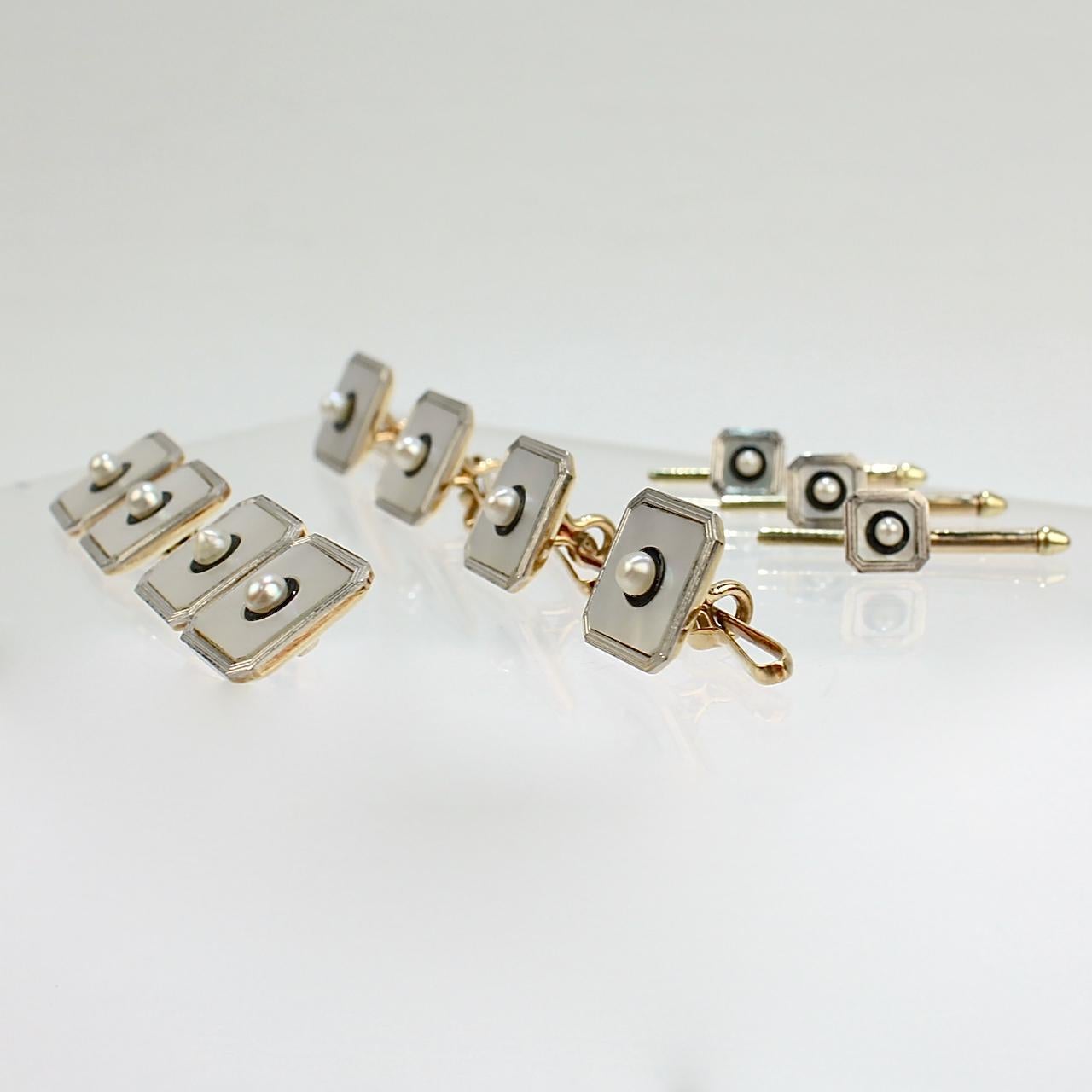 Men's Tiffany & Co Art Deco Cufflink Dress Set in 14K Gold & Platinum with Seed Pearls